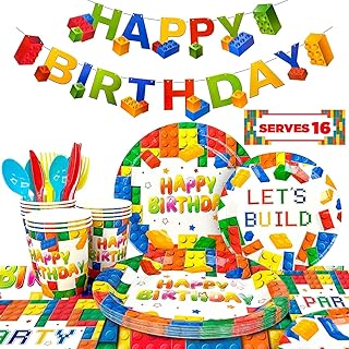 Building Blocks Birthday Party Supplies, 129pcs Building Block Tableware Set - Building Block Birthday Plates Napkins Cups Tablecloth&Building Block Party Banner etc Building Blocks Birthday Supplies