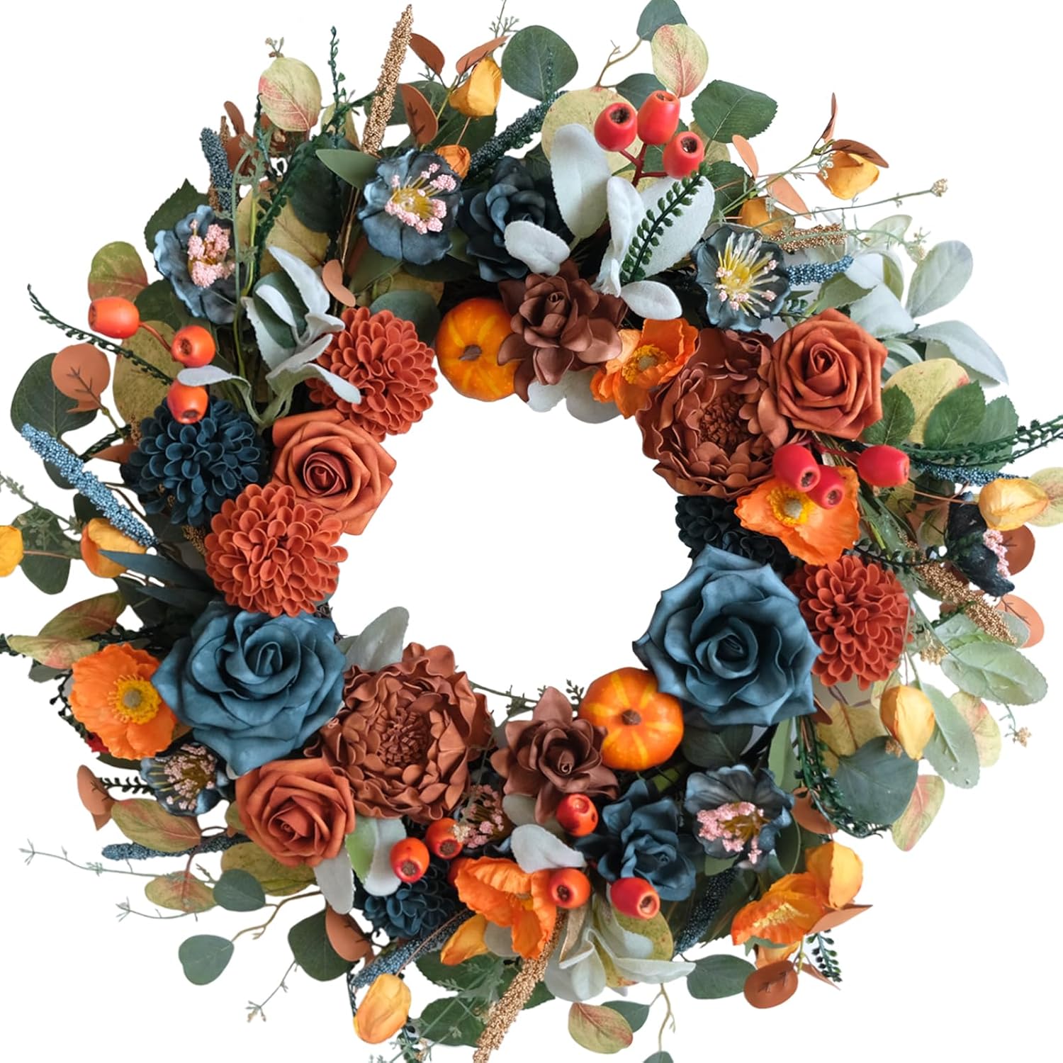 24-inch Fall Wreath Handcrafted Blue Orange Hydrangeas Roses Pumpkins Berries Front Door Wreath Courtyard Corridors Indoor Outdoor Home Decoration Thanksgiving Harvest Festival Celebrations Decoration