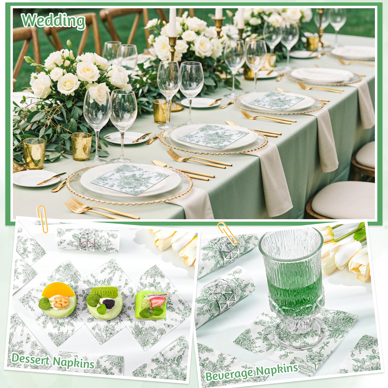 NatNarr 100 servilletas florales verde salvia, servilletas de Toile verde y blanco, diseño vintage de flores y mariposas, servilletas de decoupage para novia, baby shower, boda, fiesta de té, 5 x 5