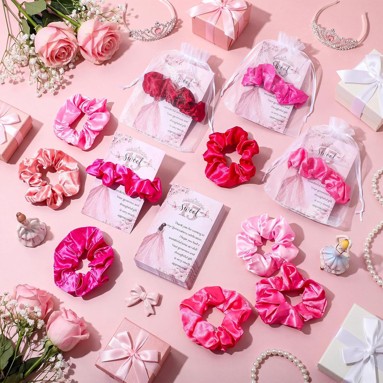 Thiccywoov 50 Sets Quinceanera Party Favors for Guests Quince Scrunchies Gift Bulk Recuerdos Para 15 Años Quinceañeras with Thank You Card and Organza Bag for Sweet 15 Years Birthday(Pink)