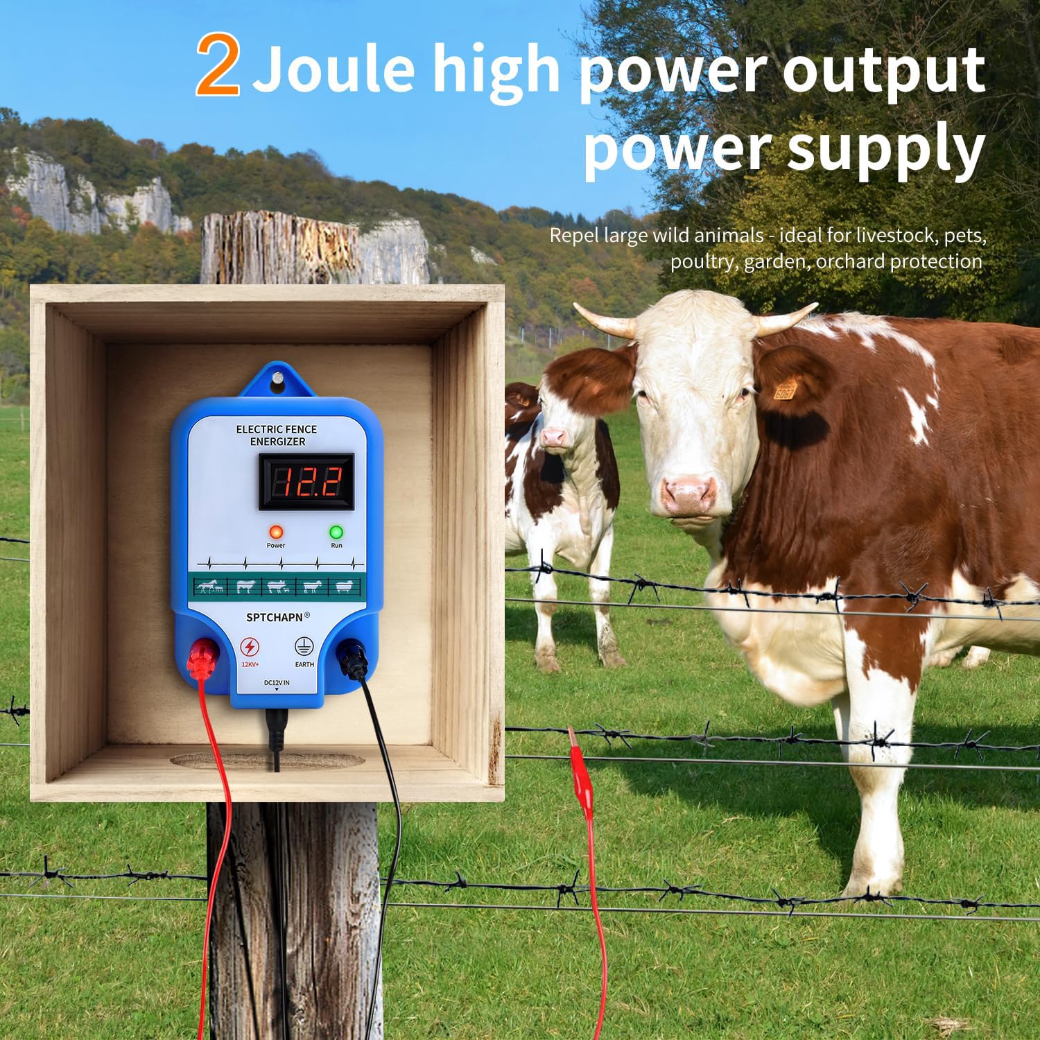 Sptchapn Elektrozaun-Ladegerät 2 Joule – 10 Meilen Reichweite, LED-Display, Für Rinder & Pferde