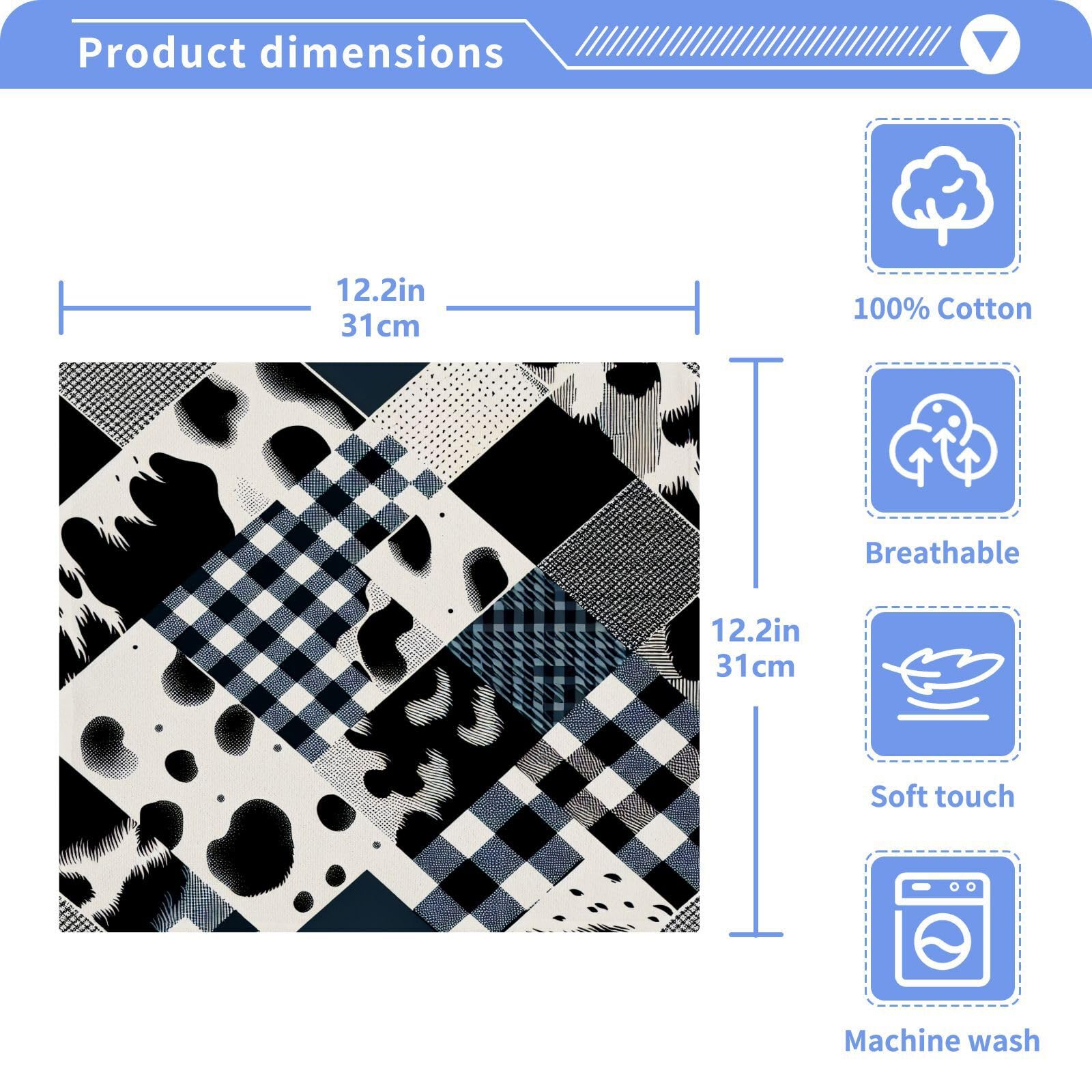 YANENDIE Cow Print Gingham Washcloths Towels, Highly Absorbent and Soft Cotton Face Cloths, 2 Pack Quick Dry Wash Cloths - 12 X 12 Inches