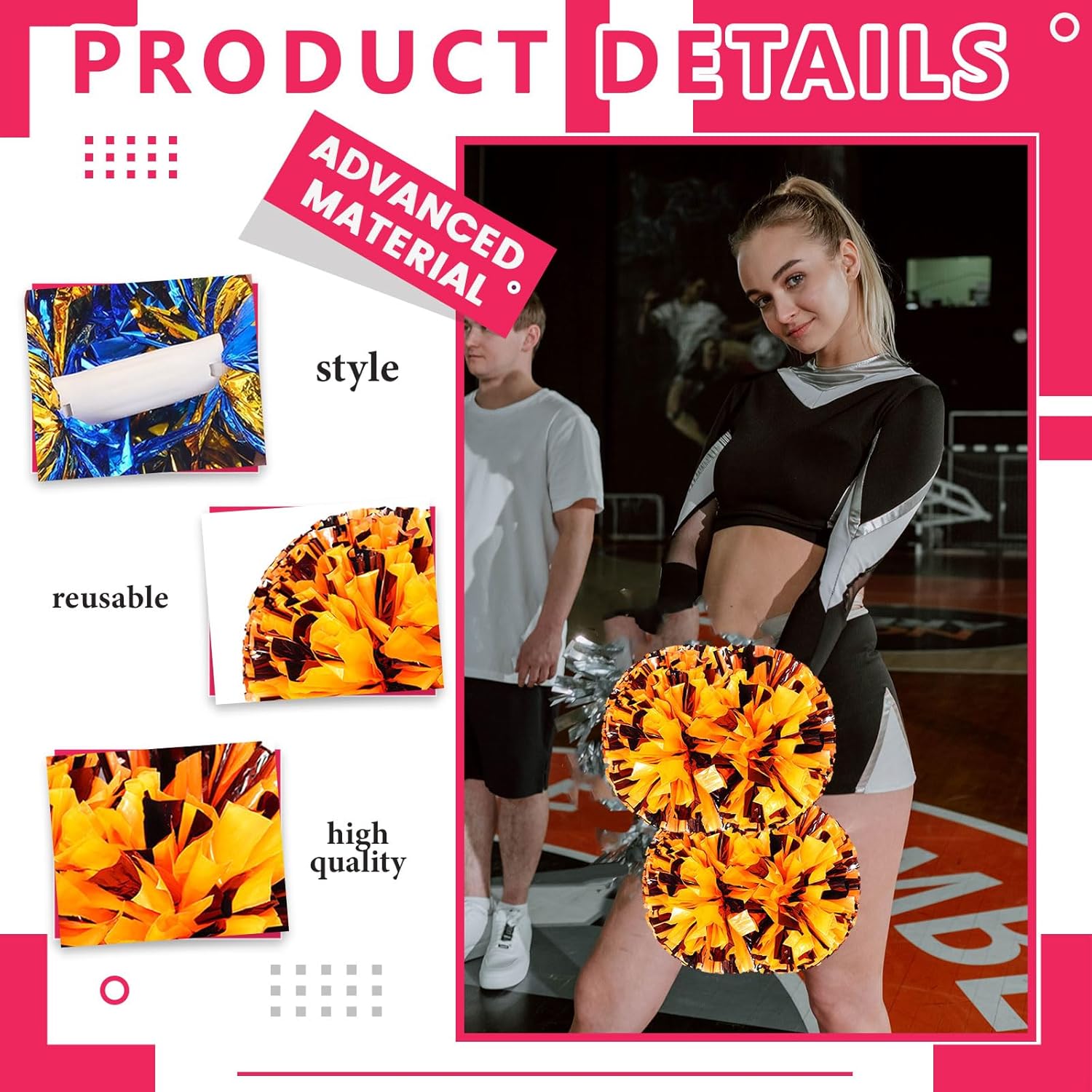 メタリックチアリーディングポンポン、指に優しいリング付きチアリーダーポンポン12個、チームスピリットスポーツダンス応援キッズ大人用(