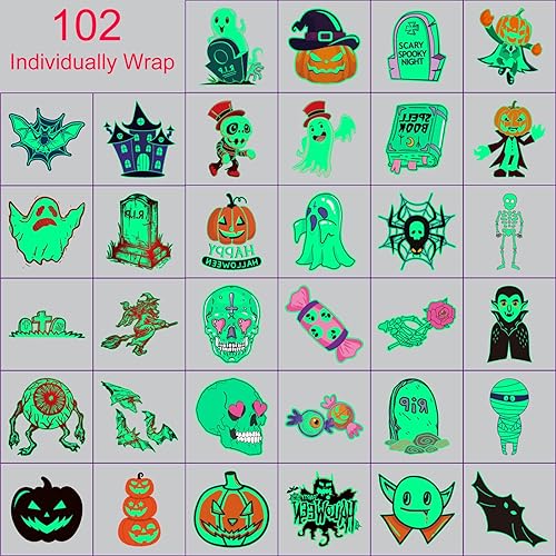 Miniatura 2 de Para suministros de recuerdos de fiesta de Halloween, 102 tatuajes temporales que brillan en la oscuridad envueltos individualmente para niños,
