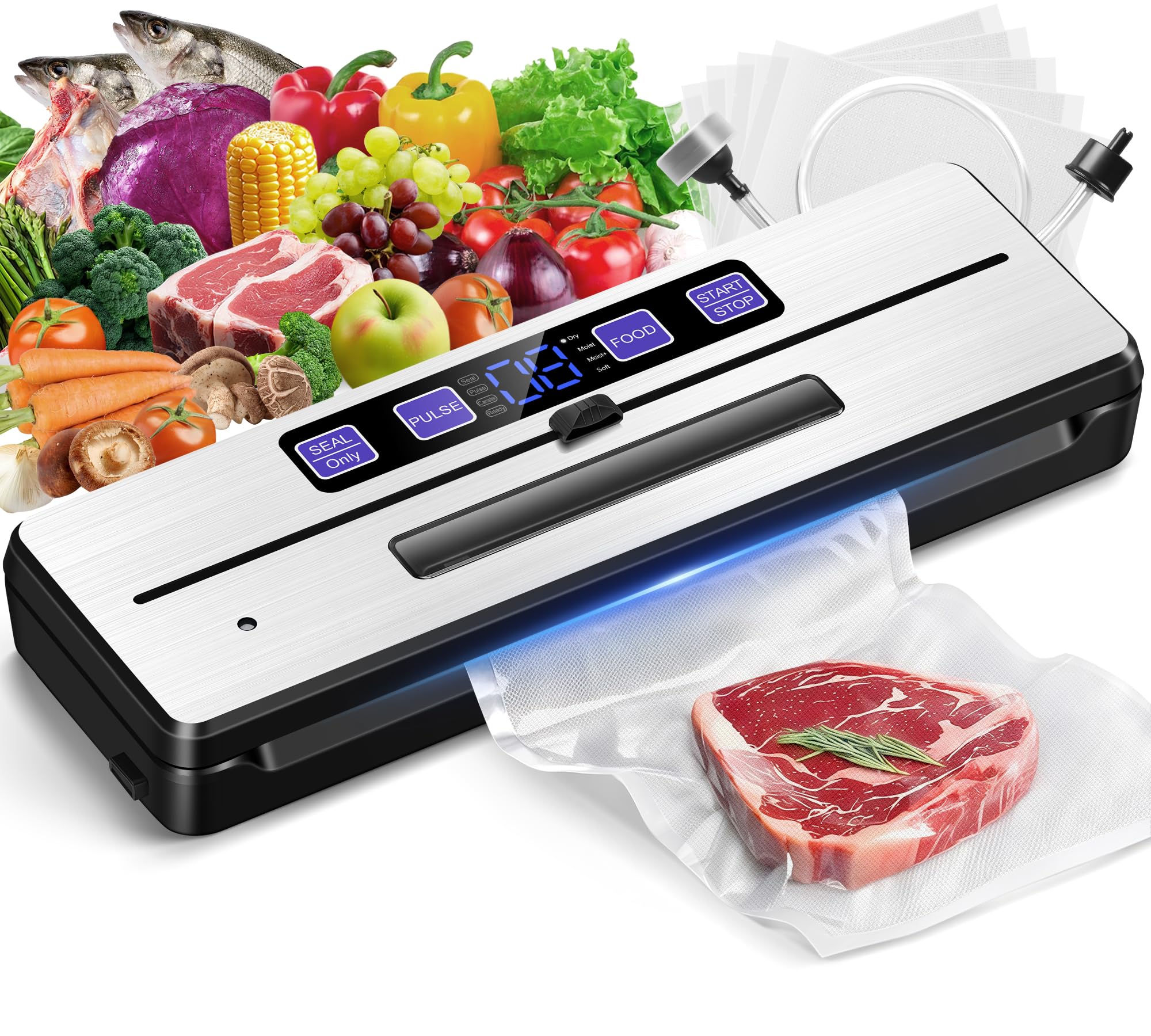 LanBlu Macchina Sottovuoto Alimenti con Doppia Sigillatura a Caldo, 7 in 1 Macchina Sottovuoto Professionale Fino a 8 Volte Più Freschi, 80KPA Sigillatrice Sottovuoto per Alimenti Secchi che Umidi