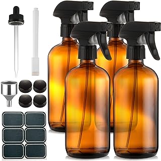 Empty Amber Glass Spray Bottles - (4 Pack) 16 oz with Labels Refillable Container for Essential Oils, Cleaning Solutions, Cleaning Products, Hair, Plant Mister, Daily Shower, Gardening or Aromatherapy