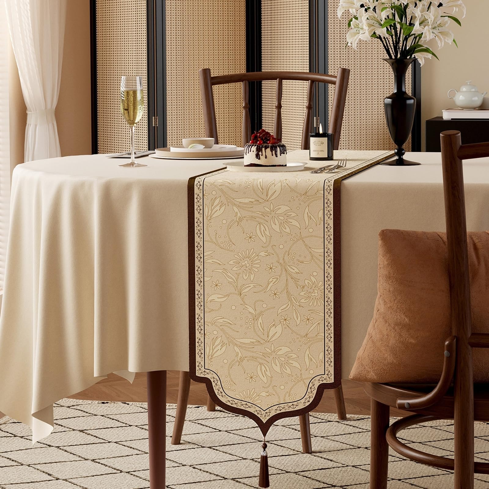Tischläufer Landhausstil Polyester, Tischläufer Modern 35x240 cm, Leinenoptik mit Vintage-Blättermuster