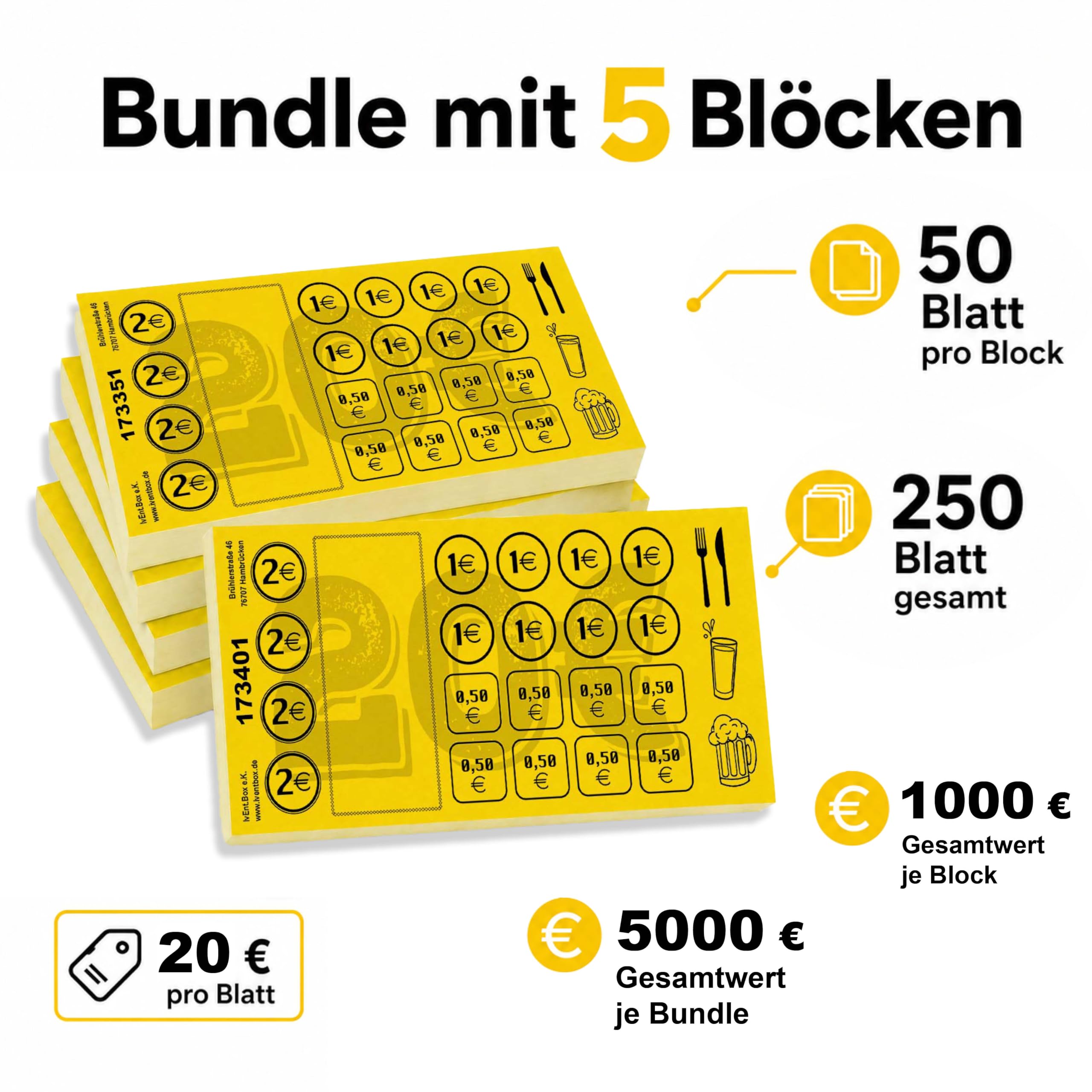 Étiquettes de valeur 20 € Cartes de consommation à effacer – 250 ou 500 feuilles, 5 ou 10 blocs de 50 feuilles, valeur totale 5 000 € ou 10 000 €, numérotés en continu, avec champ libre (jaune, 250)