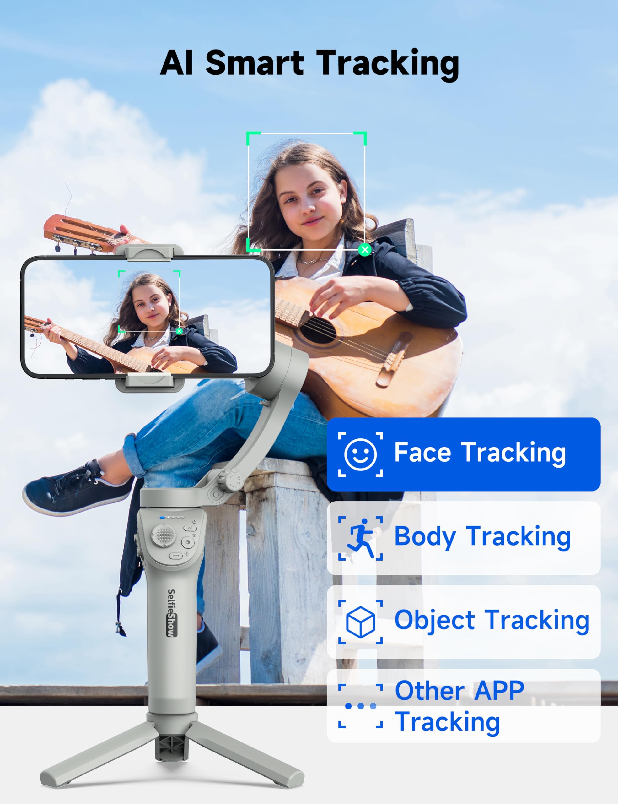 Stabilizzatore cardanico per smartphone, giunto cardanico a 3 assi, gimbal intelligente con tracciamento faccia/oggetti, portatile e pieghevole, stabilizzatore di vlogging per Android e iPhone 15 14