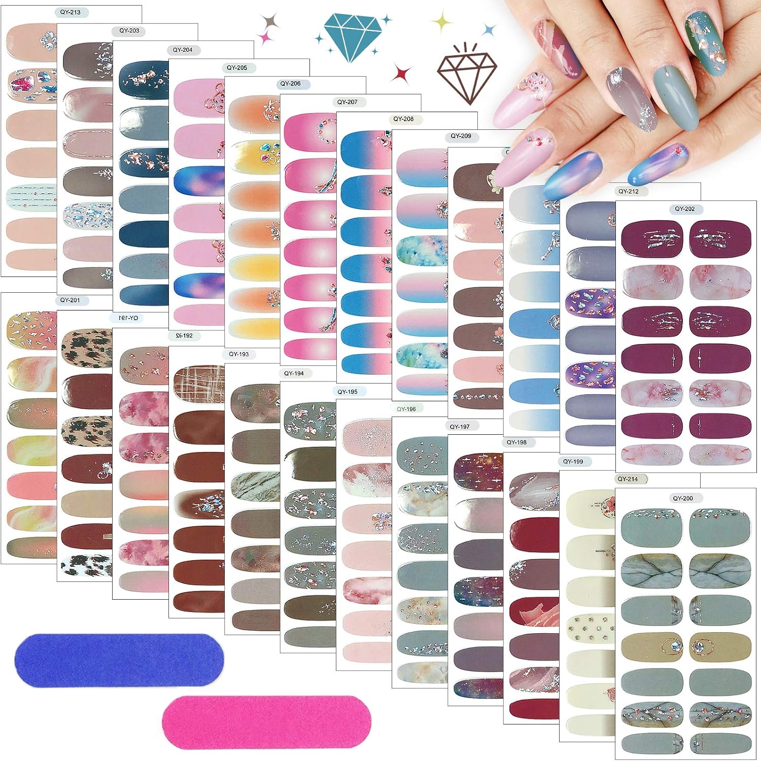 Kalolary 24 Sheets Full Wraps Nagellakstickers met 2 STUKS Nagelvijl, Glitter Diamond Nail Wraps Zelfklevende Nagelkunststickers Strips voor Dames Meisjes Nagelkunstontwerpen