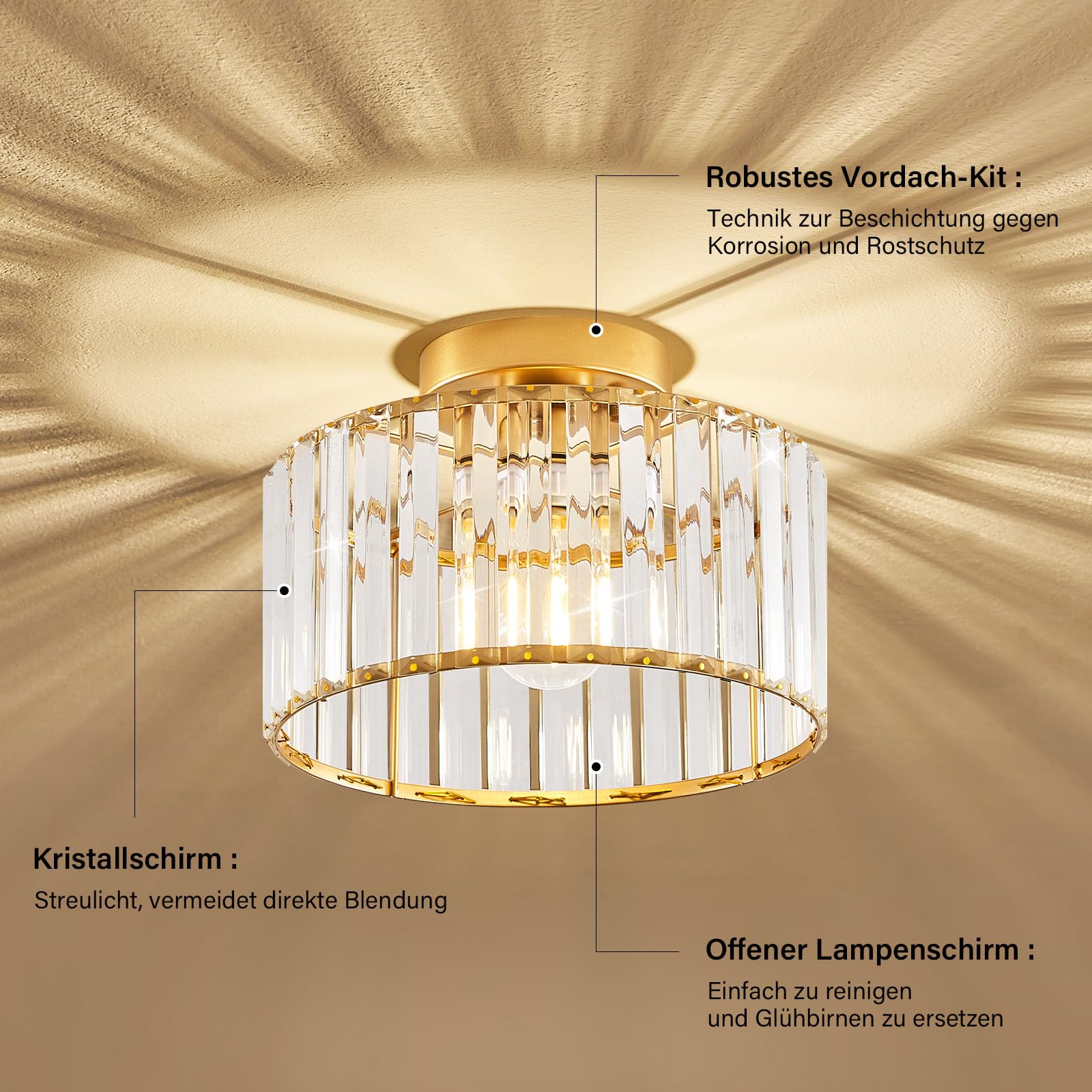 Qamra Moderne Deckenleuchte Gold Kristall Lampenschirm 27CM | Deckenlampe Metall Rund Hängend Lampe für Schlafzimmer Wohnzimmer Küche Flur Esszimmer E27(Glühbirnen nicht enthalten)