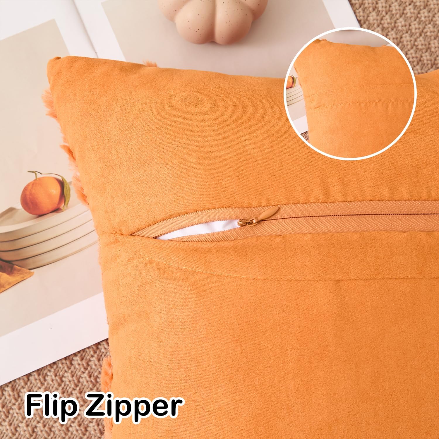 Kevin Textile Fall Pillow Covers 18x18 Inch Set of 2 Soft Pumpkins Decorative Square Pillowcases Plush Autumn Faux Fur Cushions Harvest Gift for Couch Sofa Chair Bedroom Home Decor, Orange image 3