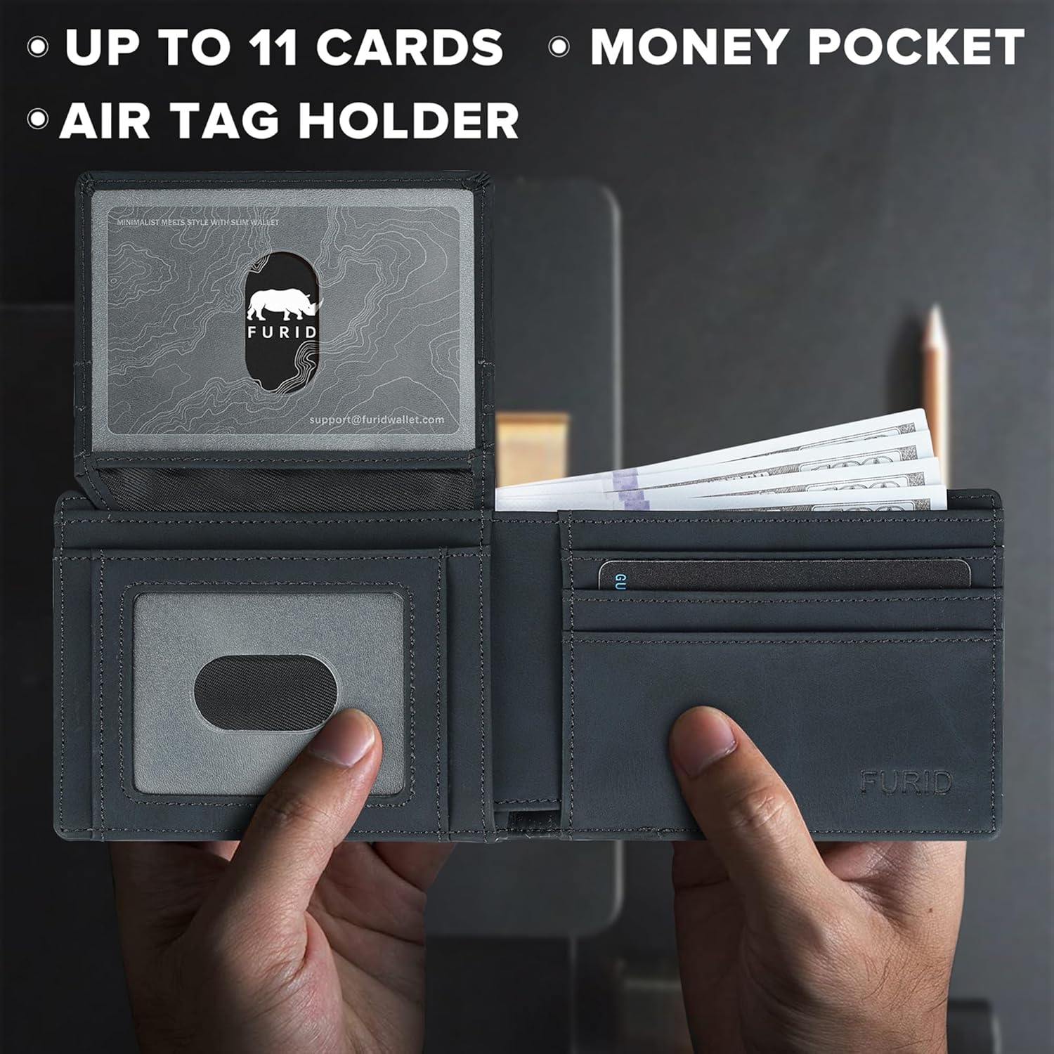 furid Air Tag Wallet Men Slim: Minimalist 2 ID Window RFID Leather Wallets with Airtag Holder - Gifts for Husband Father at Birthday Anniversary - Image 4