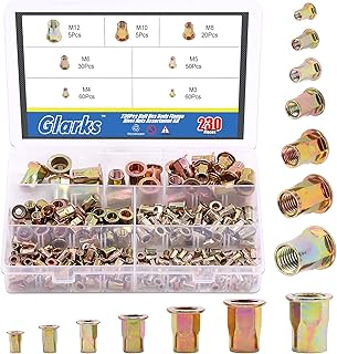 Glarks 230Pcs M3 M4 M5 M6 M8 M10 M12 Half Hex Body Flange Rivet Nuts Assortment Kit, Zinc Plated Carbon Steel Flat Head Threaded Insert Nut Rivnut Set (Rivet Nut Set)