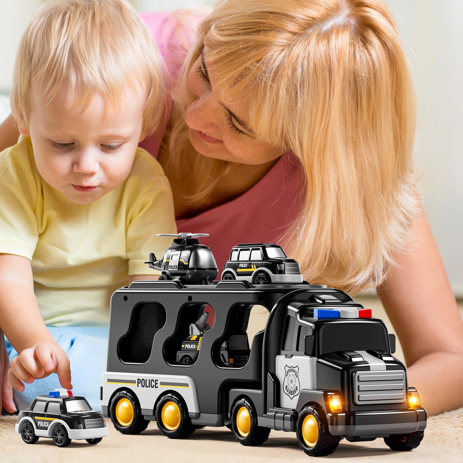 JUKUDAHU Polizei-LKW-Spielzeug-Set für Jungen 3-9 Jahre | Transportfahrzeug mit 3 kleinen Autos, 1 Hubschrauber, Reibungskraft-getrieben, Für 3-9 Jahre