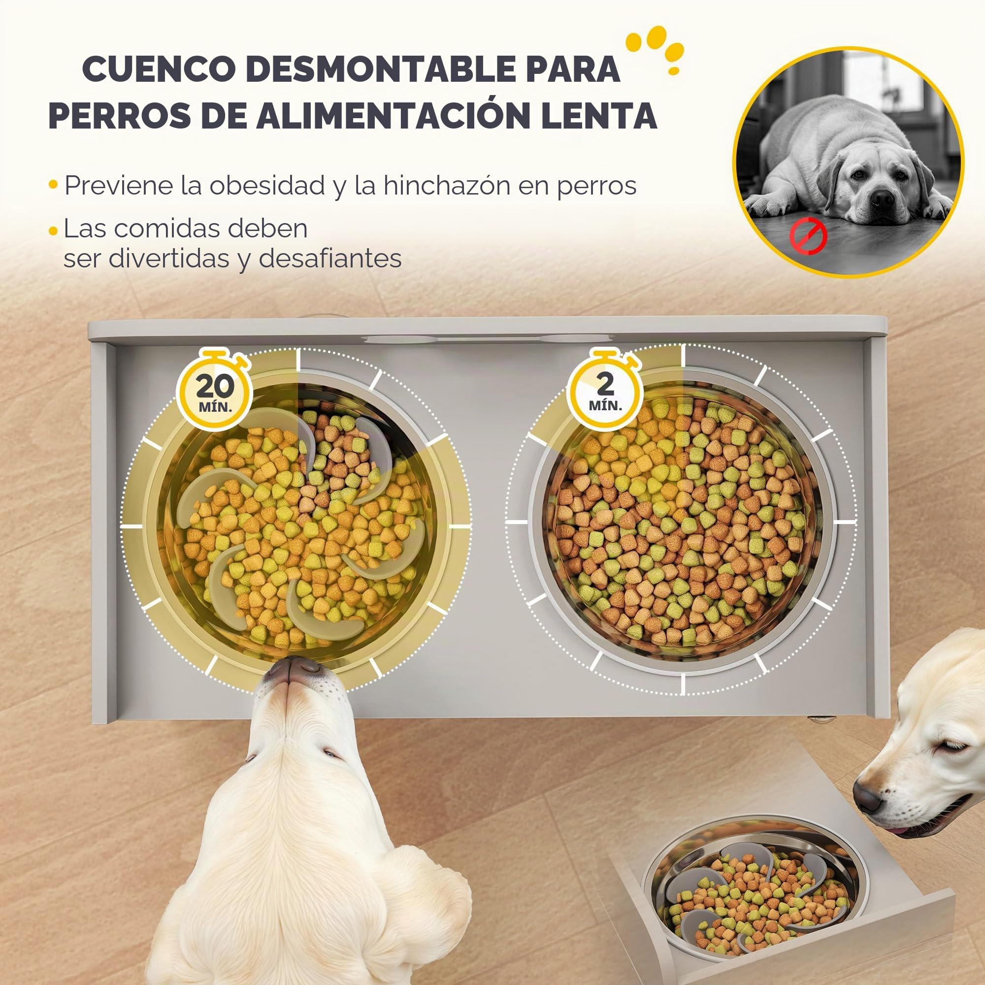 PawHut Comedero Elevado para Perros con Armario de Almacenamiento de 50 l, 2 Cuencos de Acero Inoxidable con Anillos Antideslizantes, Puertas correderas, comedero con comedero Lento para Perros