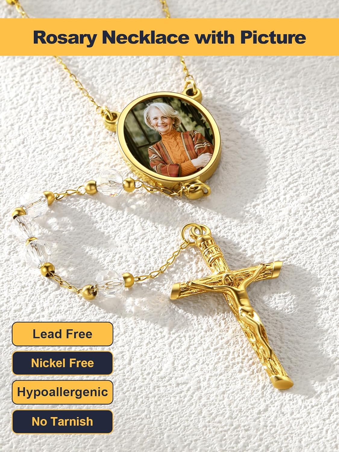 U7 Personalized Rosary Necklace for Women Men with Photo & Text,Stainless Steel Custom Rosary Bead Catholic Cross Y Chain Necklace,Memorial Christian Jewelry Gift