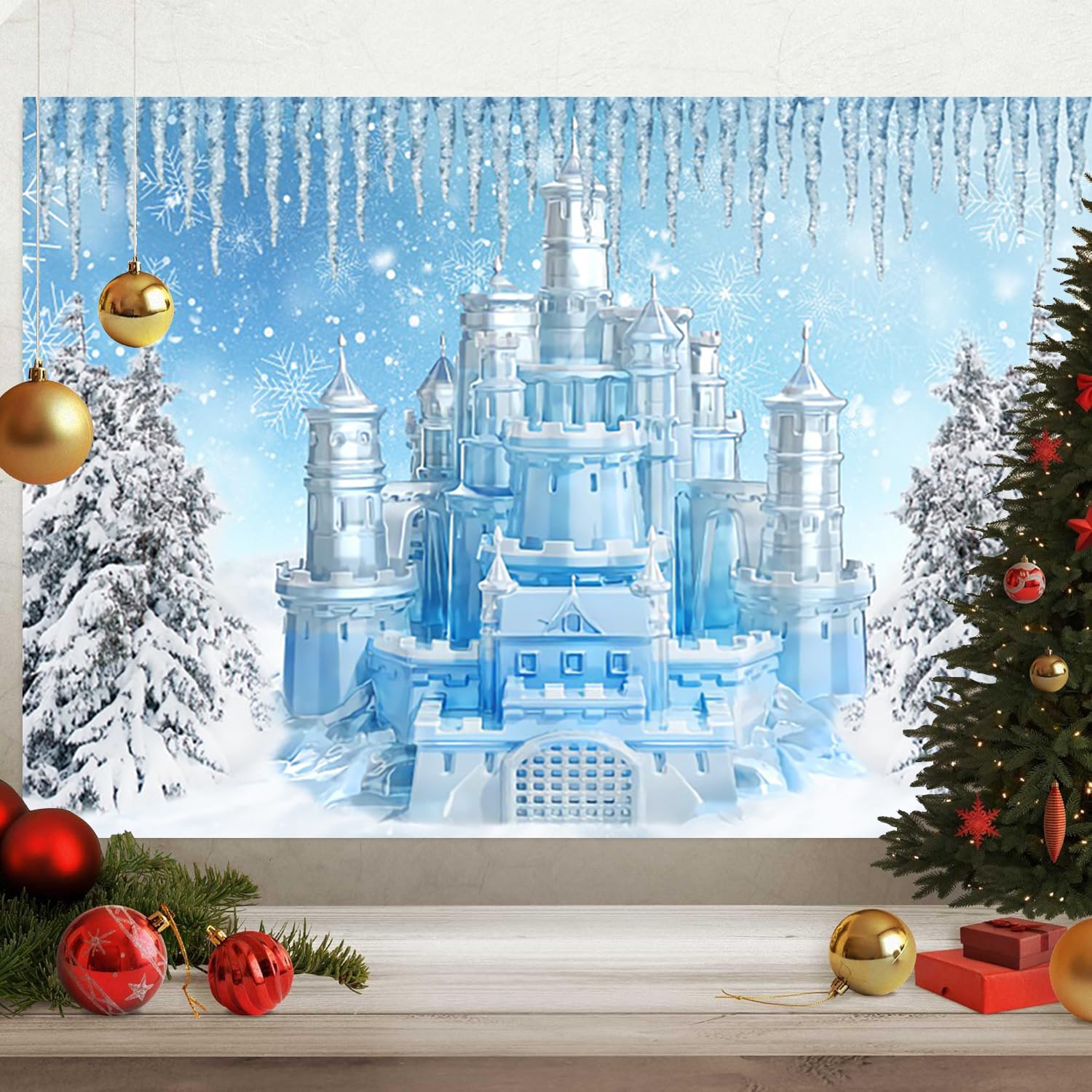 Sfondo Fotografico Invernale Frozen - 3x2.4 M, Motivo Neve E Cristalli, Per Feste, Compleanni, Studio