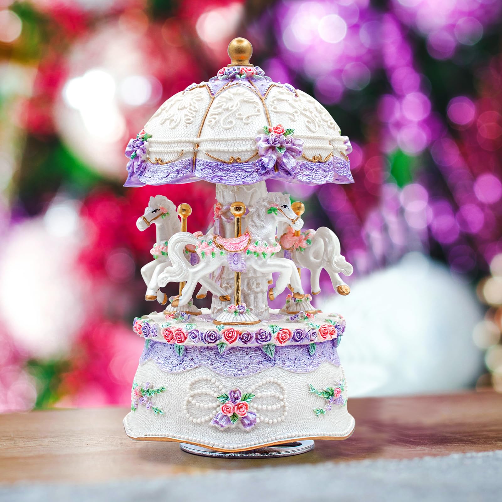 Carousel Music Box,Luce LED cambia colore di lusso,Luminoso rotante 3 cavalli | Carillon luminoso con scatola regalo, per ragazze, regalo di compleanno e San Valentino (You are My Sunshine, viola)