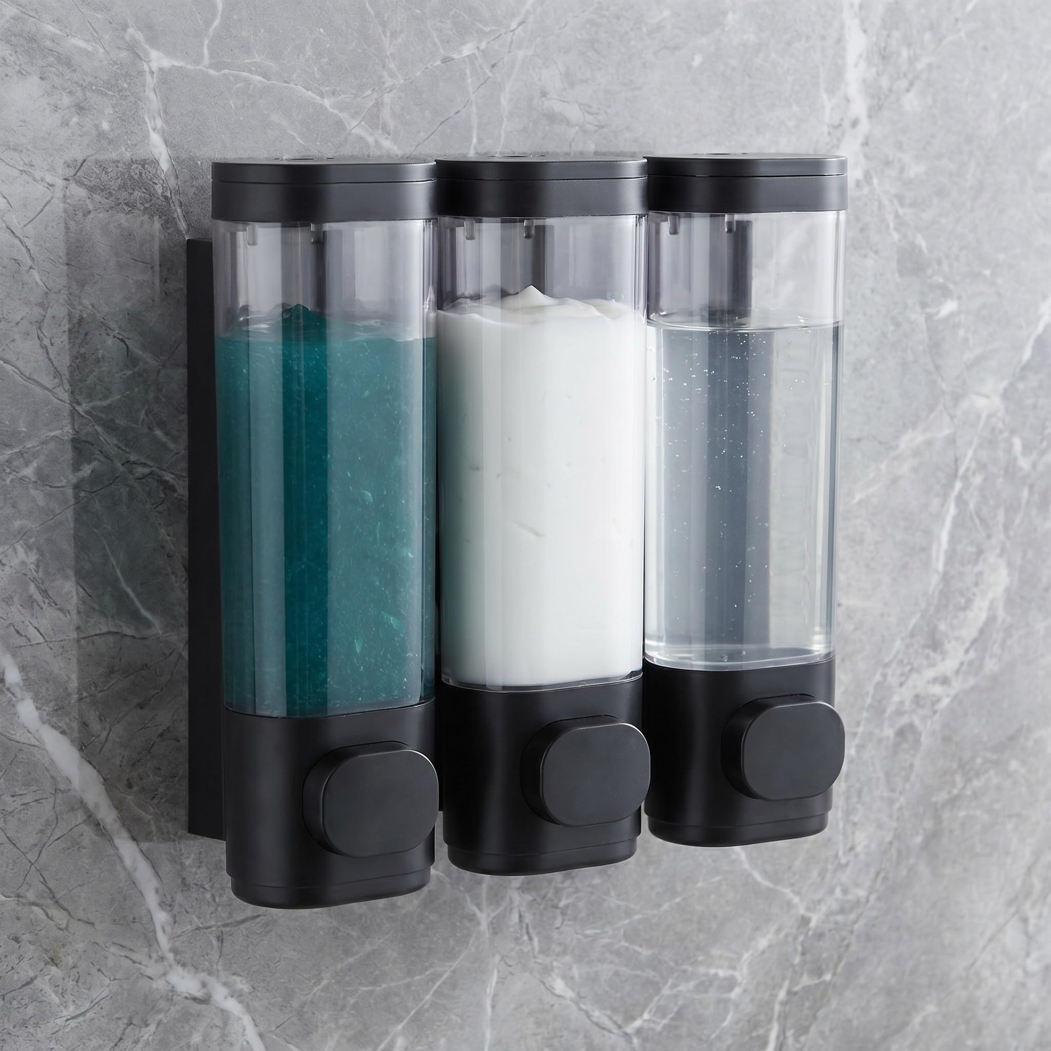 INOOMP 2 dispenser di sapone da doccia a parete: dispenser di shampoo e balsamo ricaricabile a 3 scomparti di grande capacità per casa, hotel, bagno, con pulsante.