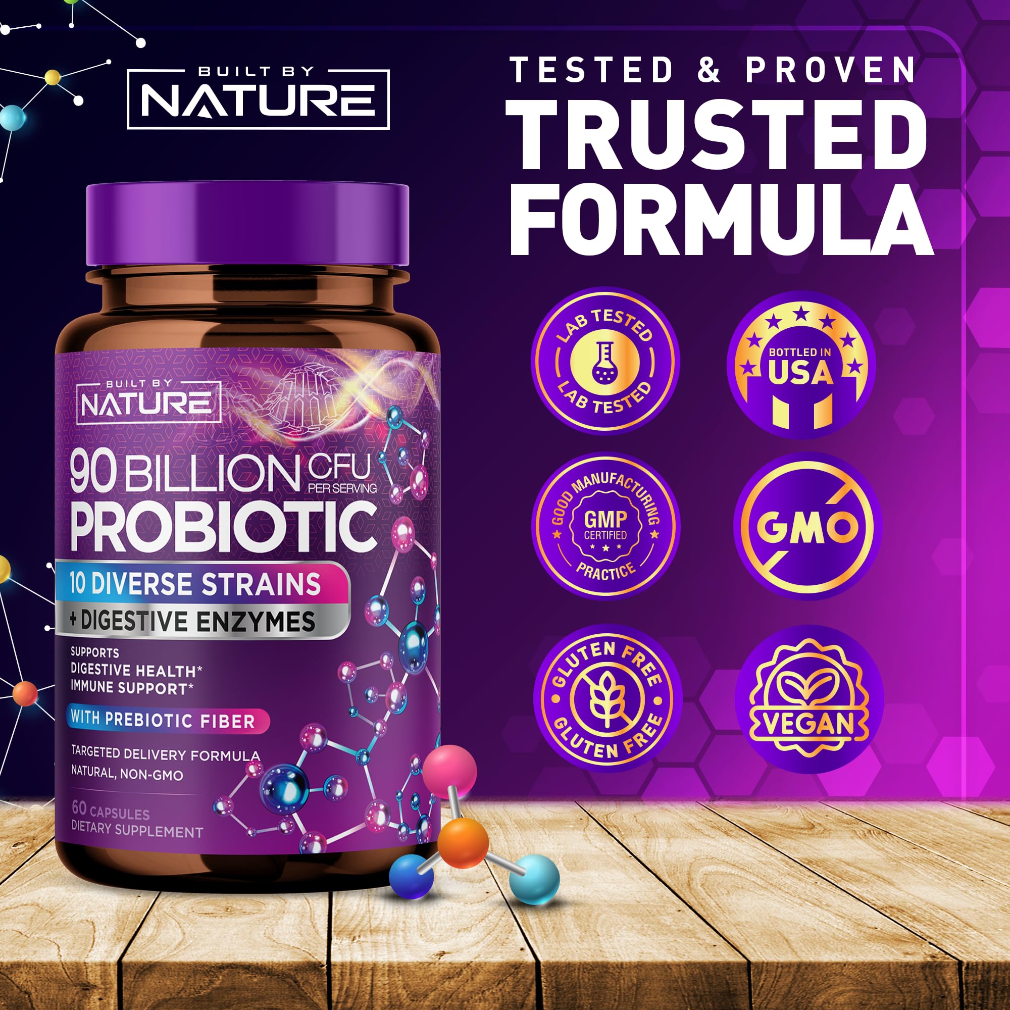 90 Billion CFU Probiotic - Daily Digestive Gut Health Supplement for Men & Women - Lactobacillus acidophilus, Bifidobacterium & Prebiotics - Non-GMO, Gluten & Dairy Free, Shelf-Stable - 60 Capsules