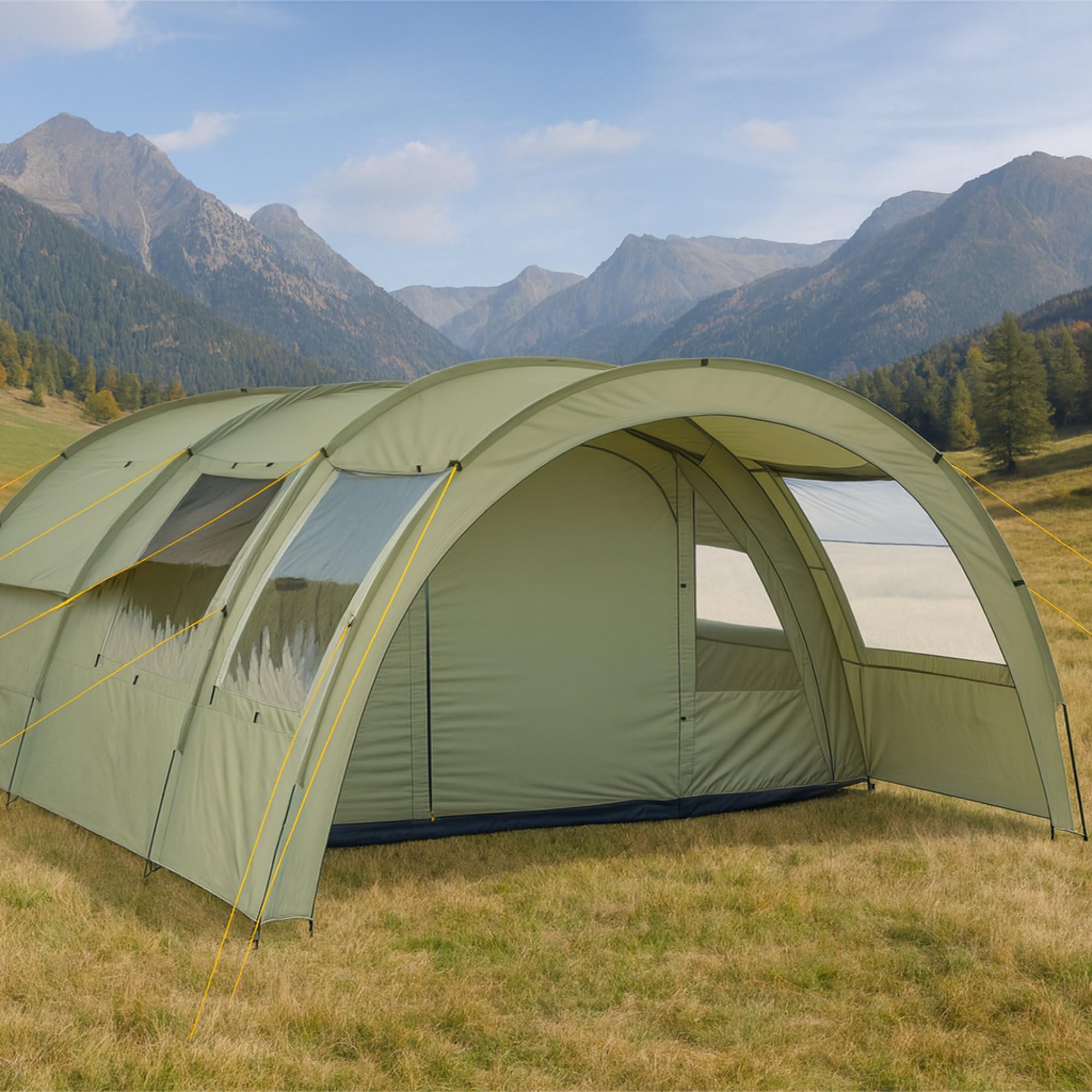 CampFeuer Tenda a tunnel tenda multipla per 4 persone | enorme vestibolo, 5000 mm di colonna d'acqua | con telo e parete anteriore regolabile | tenda da campeggio tenda familiare