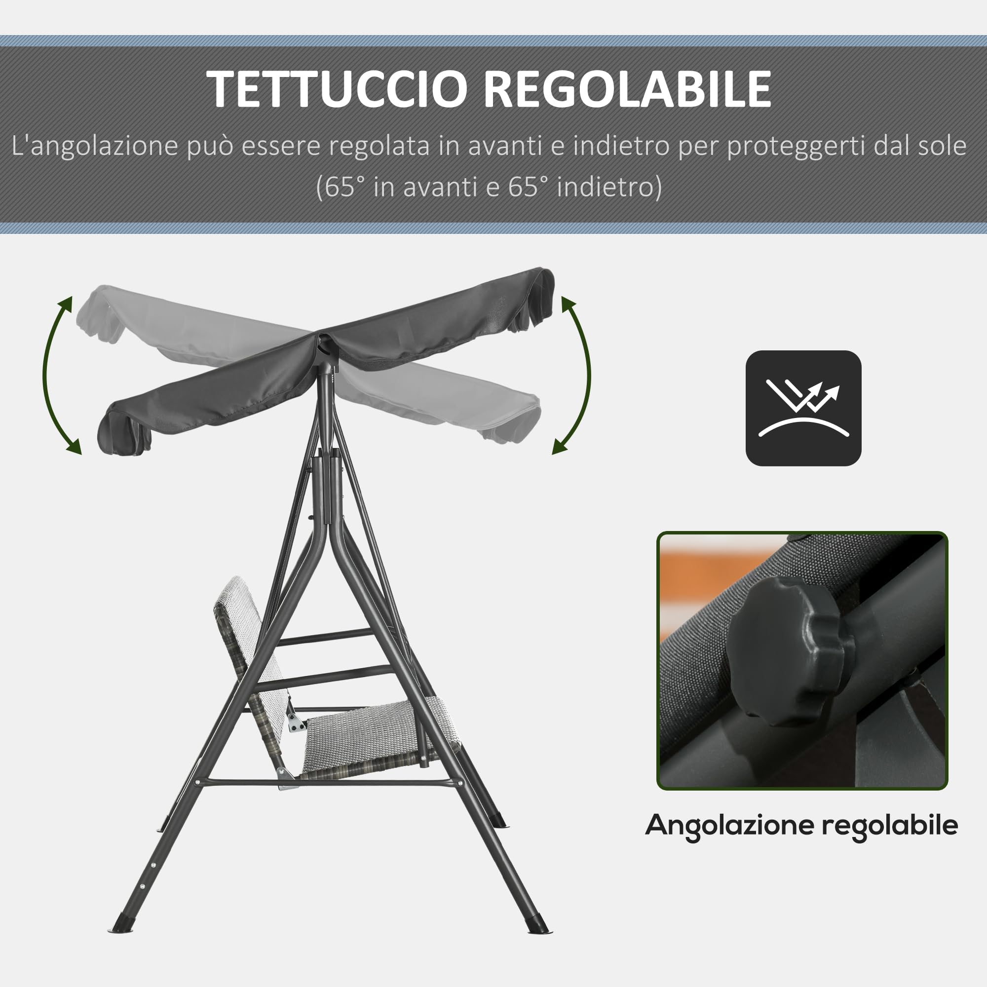 Outsunny Balancelle de Jardin 3 Places avec Toit Pare-Soleil réglable, balançoire d'extérieur avec Assise Respirante en rotin PE et Acier, Charge jusqu'à 240 kg, 167 x 112 x 153 cm, Gris foncé