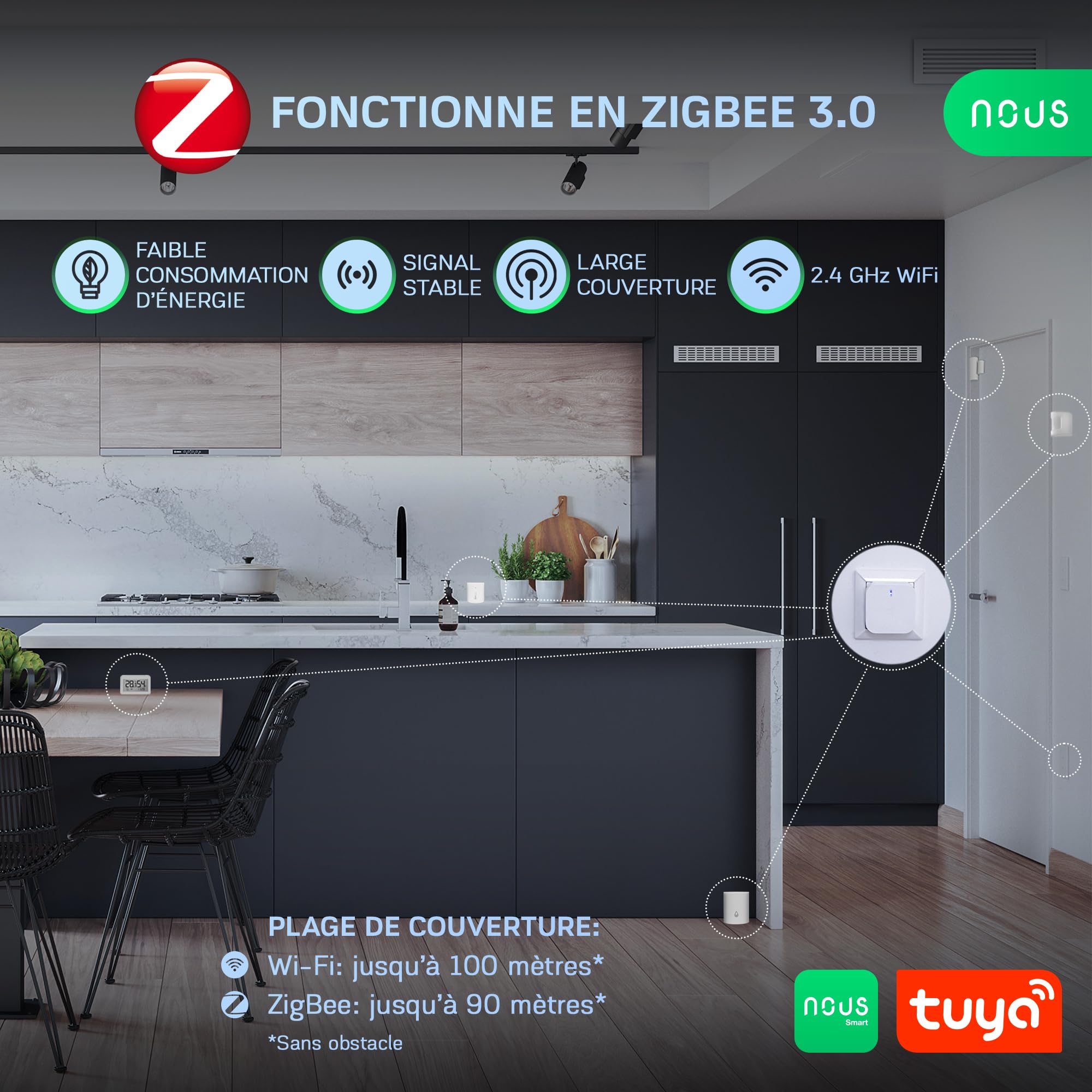 NOUS Passerelle ZigBee Prise E1, jusqu'à 128 appareils Tuya, Smart Life, ZigBee 3.0 Prises, Interrupteur, Relais, Volet Roulant, Ampoule et Rubans LED. Wi-FI 2,4 GHz