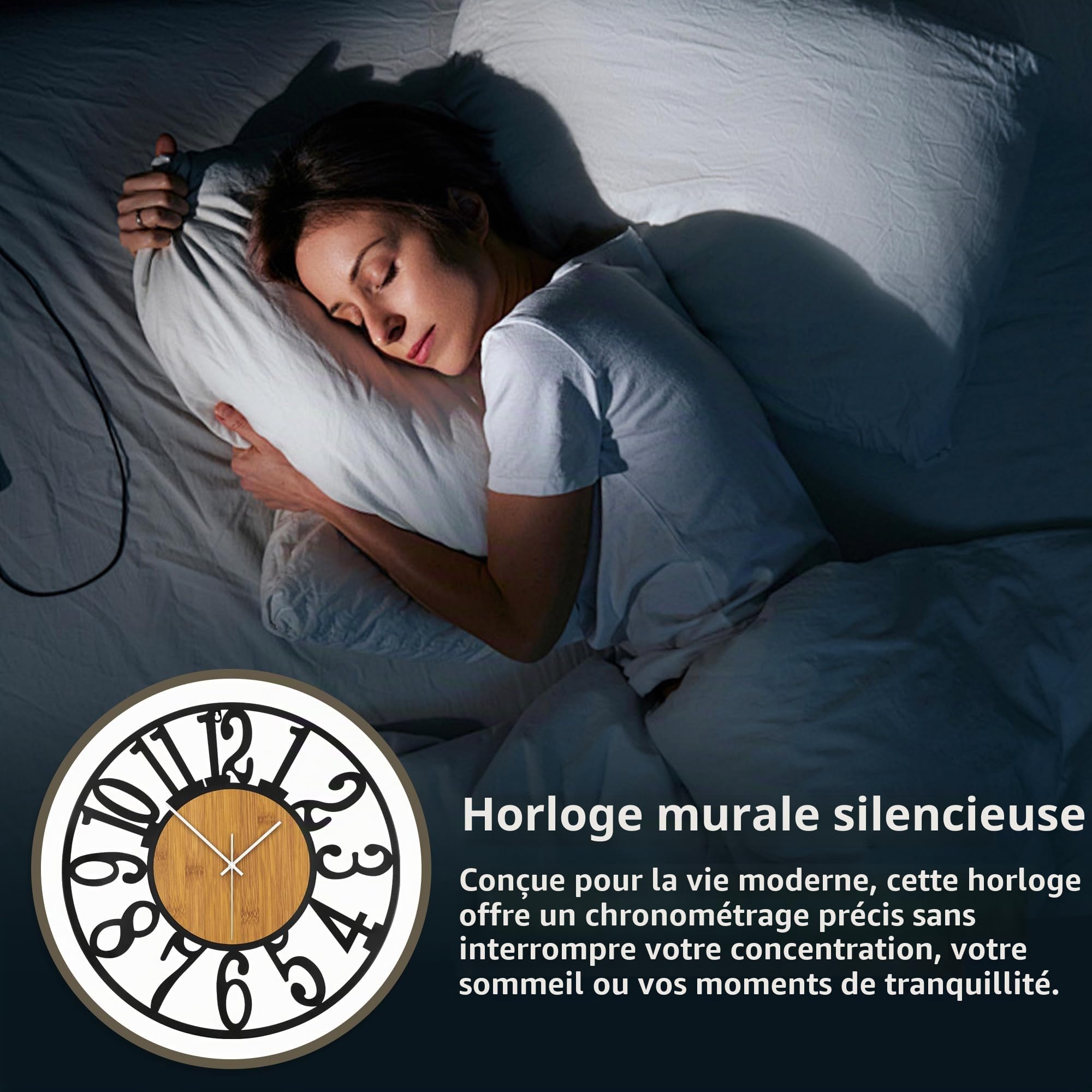 Horloge murale 50 cm silencieuse bois métal noir moderne salon cuisine
