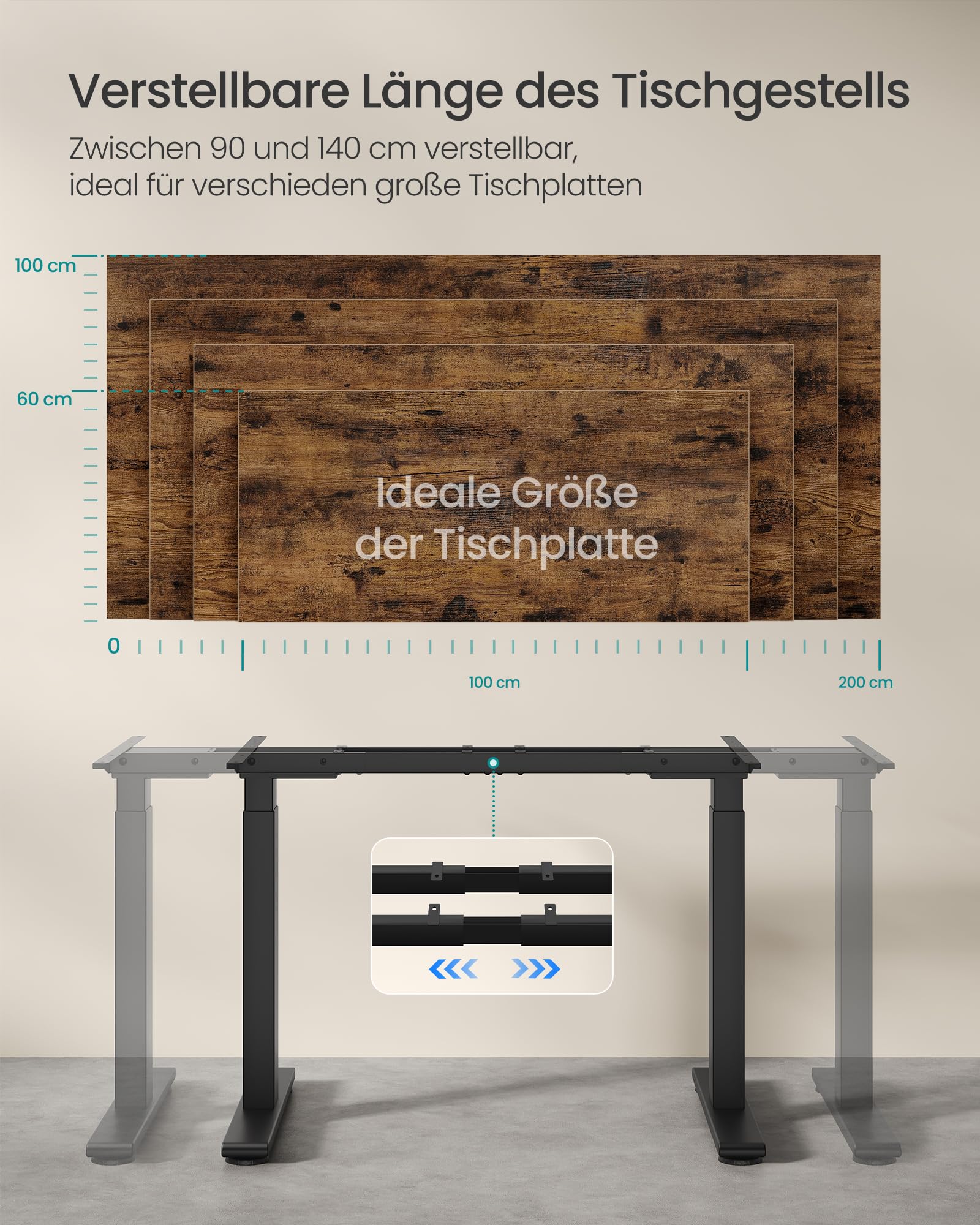 SONGMICS Höhenverstellbarer Schreibtisch Gestell, Elektrische Schreibtischgestell mit 2 Motoren, 4 Memory-Tasten, Stahl, (100-170) x 70 x (72-120) cm, Schwarz, Belastbar bis 120 kg, LSD019B01V3