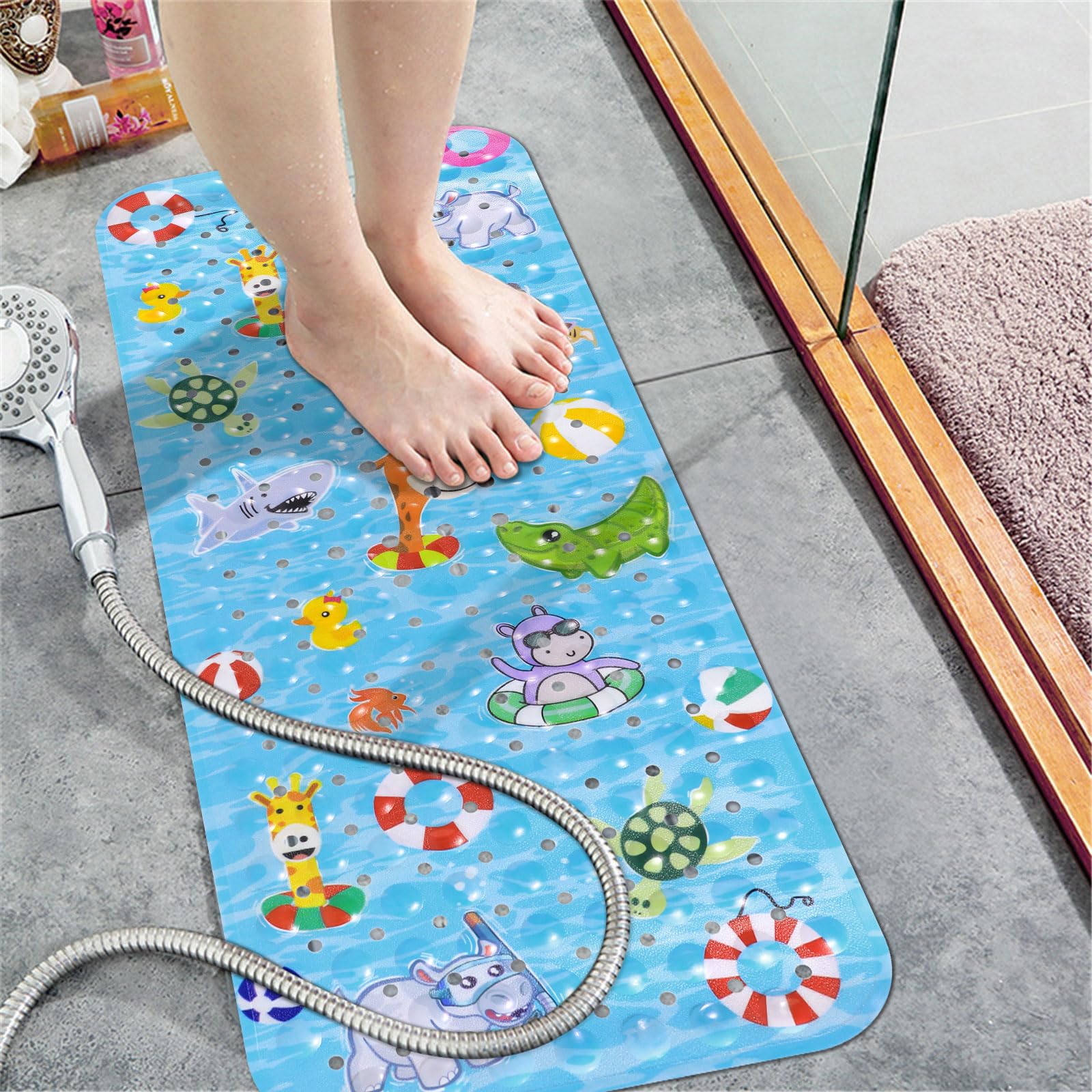 Tapis De Bain Bébé Anti-dérapant Extra Long 100x40cm - Motif Zoo Animaux - PVC Sans BPA Avec Ventouses