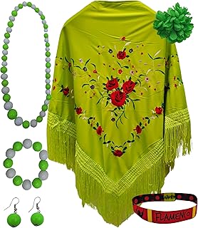 Mantón de Manila con Accesorios: Mantón de Manila con Flores Bordadas, Pinza Pelo Flor, Collar, Pulsera y Pendientes Flamencos y Pulsera de Tela.
