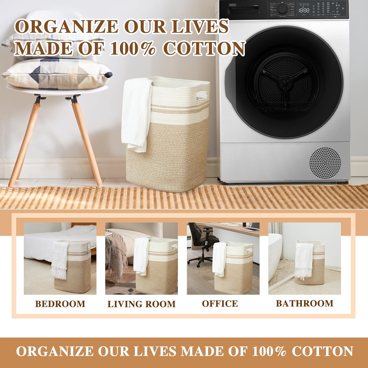 Casaphoria Laundry Hamper, Light Brown Cotton, 16x13x22in, Foldable, Square, Large, Box, 50L, Living Room, Bedroom, Laundry Room Storage