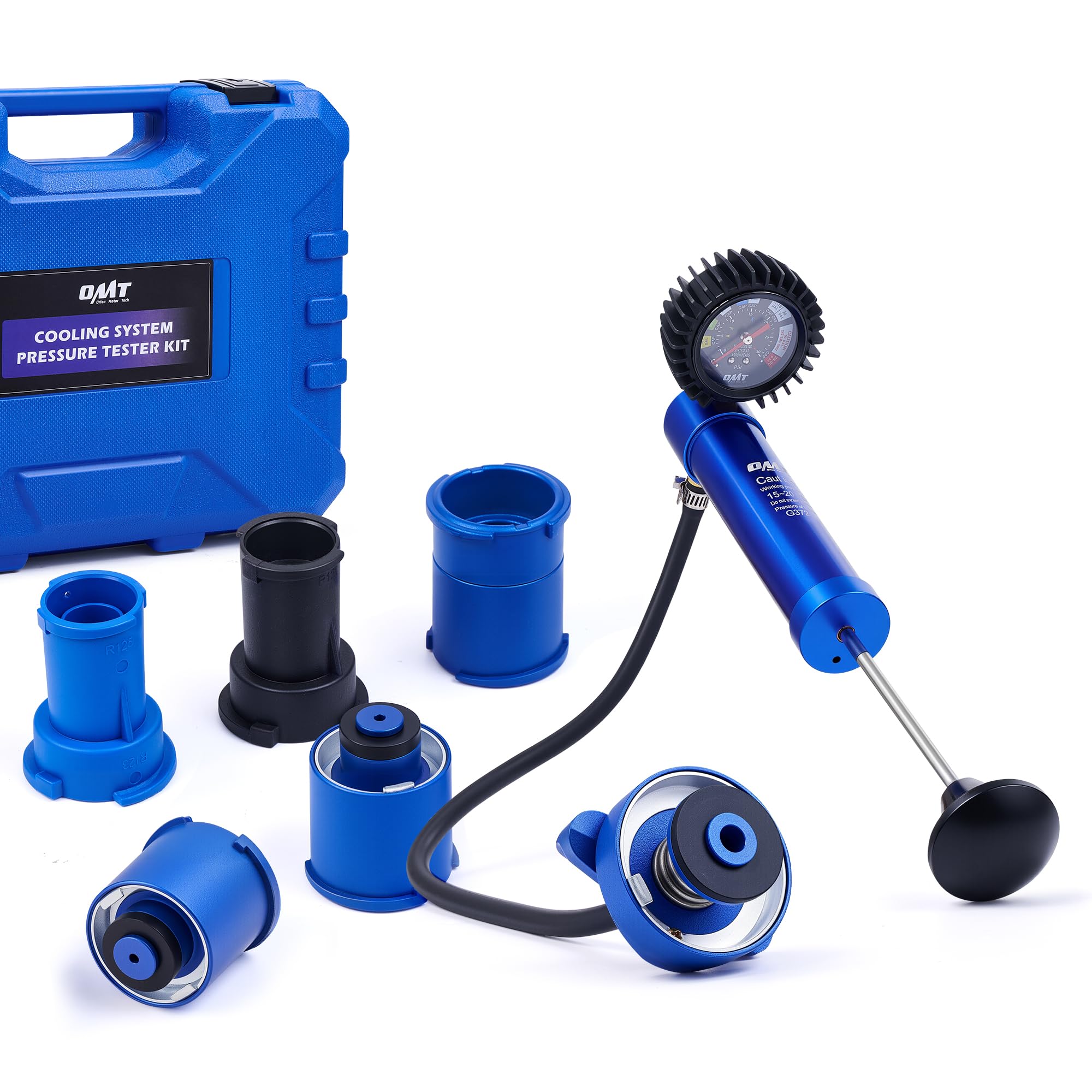 Orion Motor Tech Coolant Pressure Tester Kit, 7pc Radiator Pressure Tester Kit with Aluminum Alloy Pump Die-Cast Aluminum 0.4" &amp; 0.6" Radiator Adapters, Coolant Vacuum Fill Tool with 0-30 psi Gauge