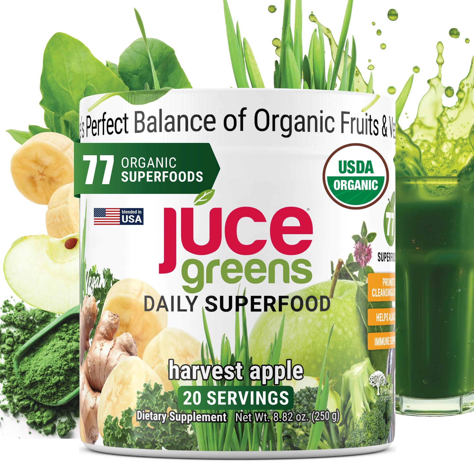 JUCE Green Superfood Powder, Organic Fruits and Veggies Supplement W/ 77 Superfoods Plus Prebiotic Probiotic Blend, Harvest Apple Flavor - 20 Servings (250 g)USDA Organic