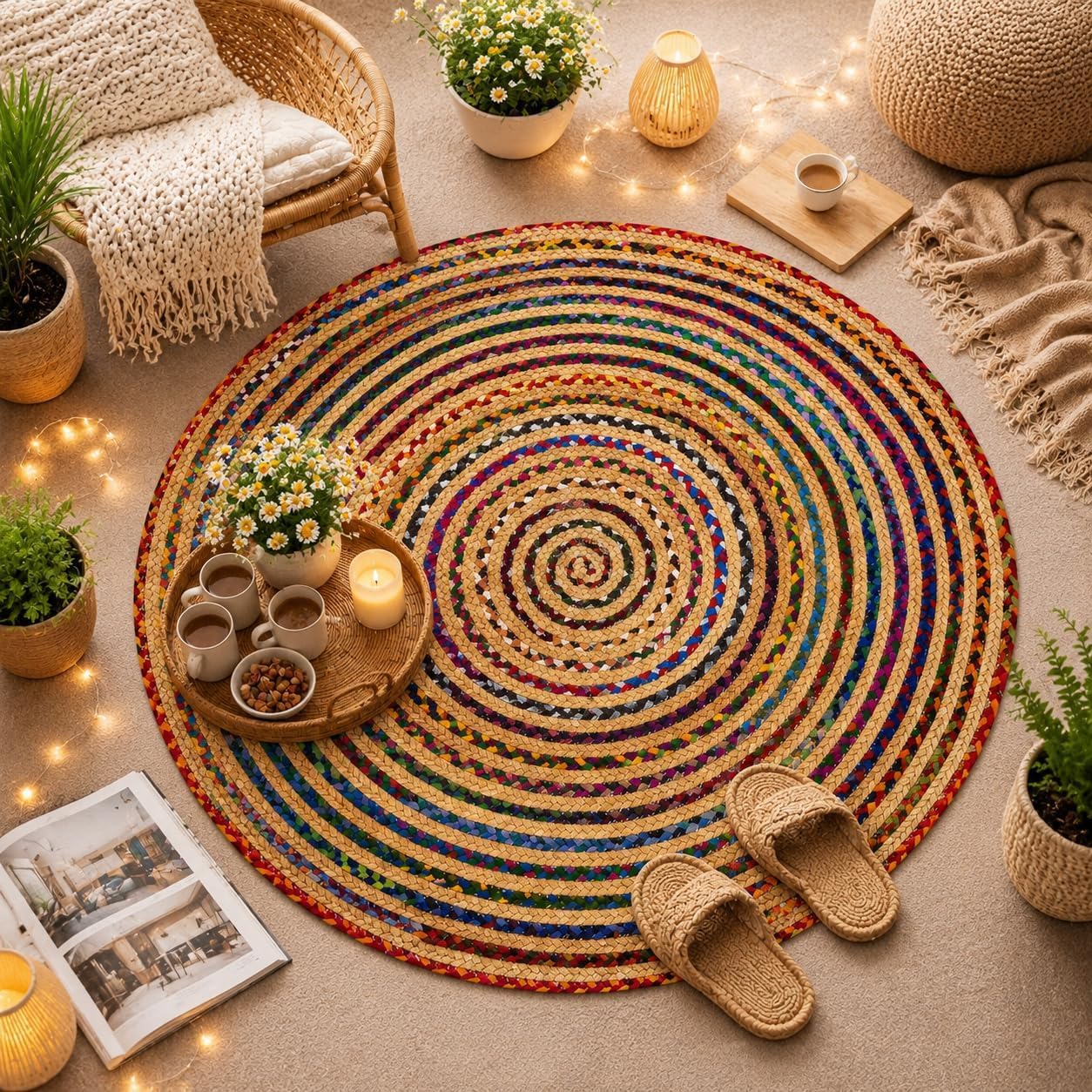 ALV Multicolor Cotton Chindi and Jute Rug 120x120 cm Boho Colorful Hand Woven Indian Braided Round Rag Rugs for Home Kitchen Living Room