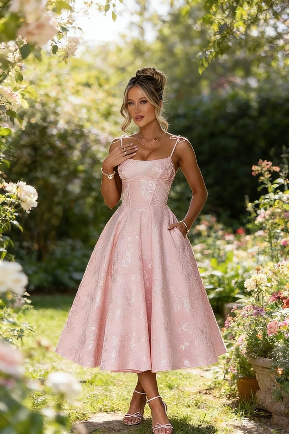 Square Neck Jacquard Satin Prom Dresses with Pockets for Women A-Line Spaghetti Straps Midi Formal Ball Evening Dress - Image 3