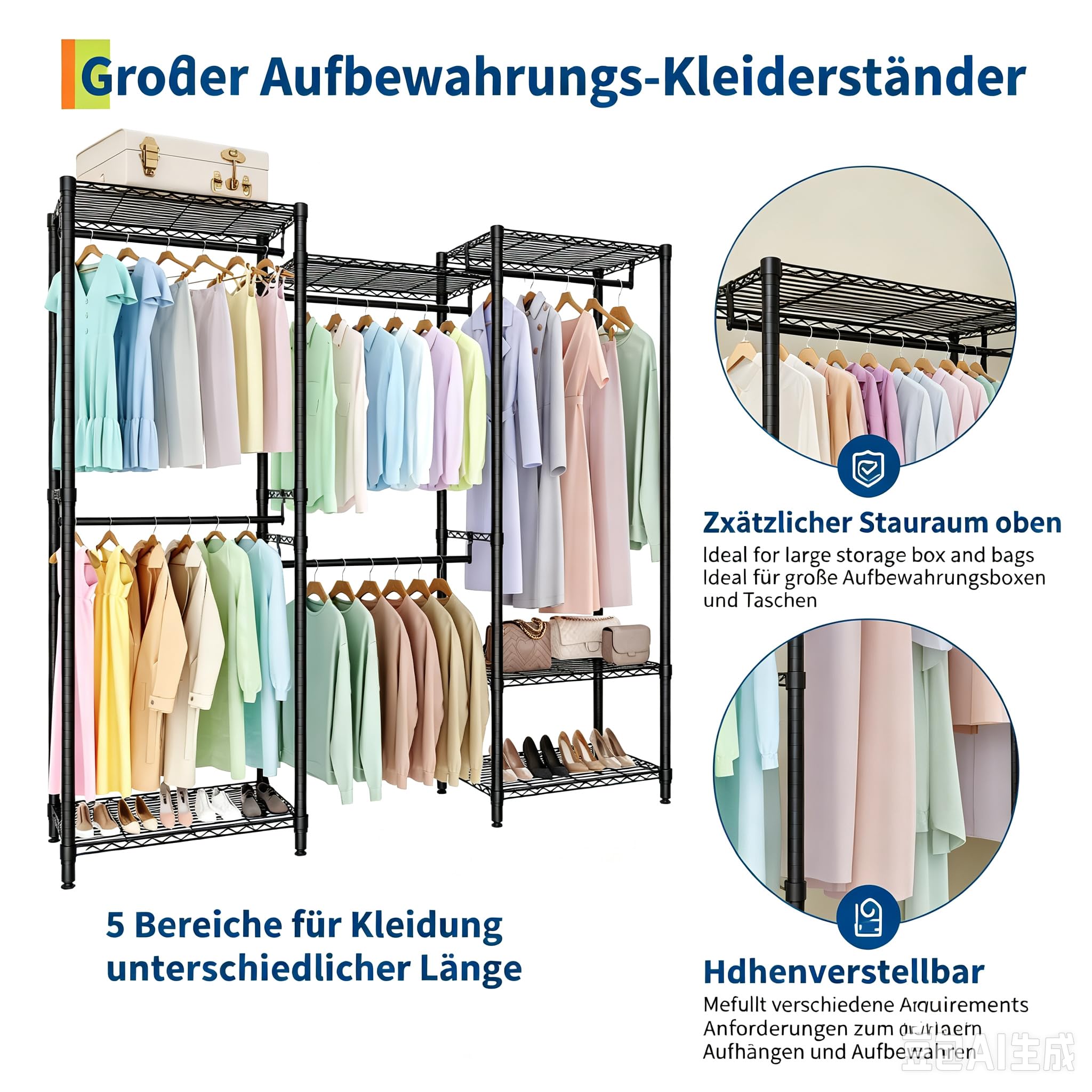 Garvee Kleiderständer Schwerlast Garderobenständer Metall Offener Begehbarer Kleiderschrank Großes Schranksystem DIY Kleiderregal mit 5 Hängestangen & Ablagen für Schlafzimmer Schwarz