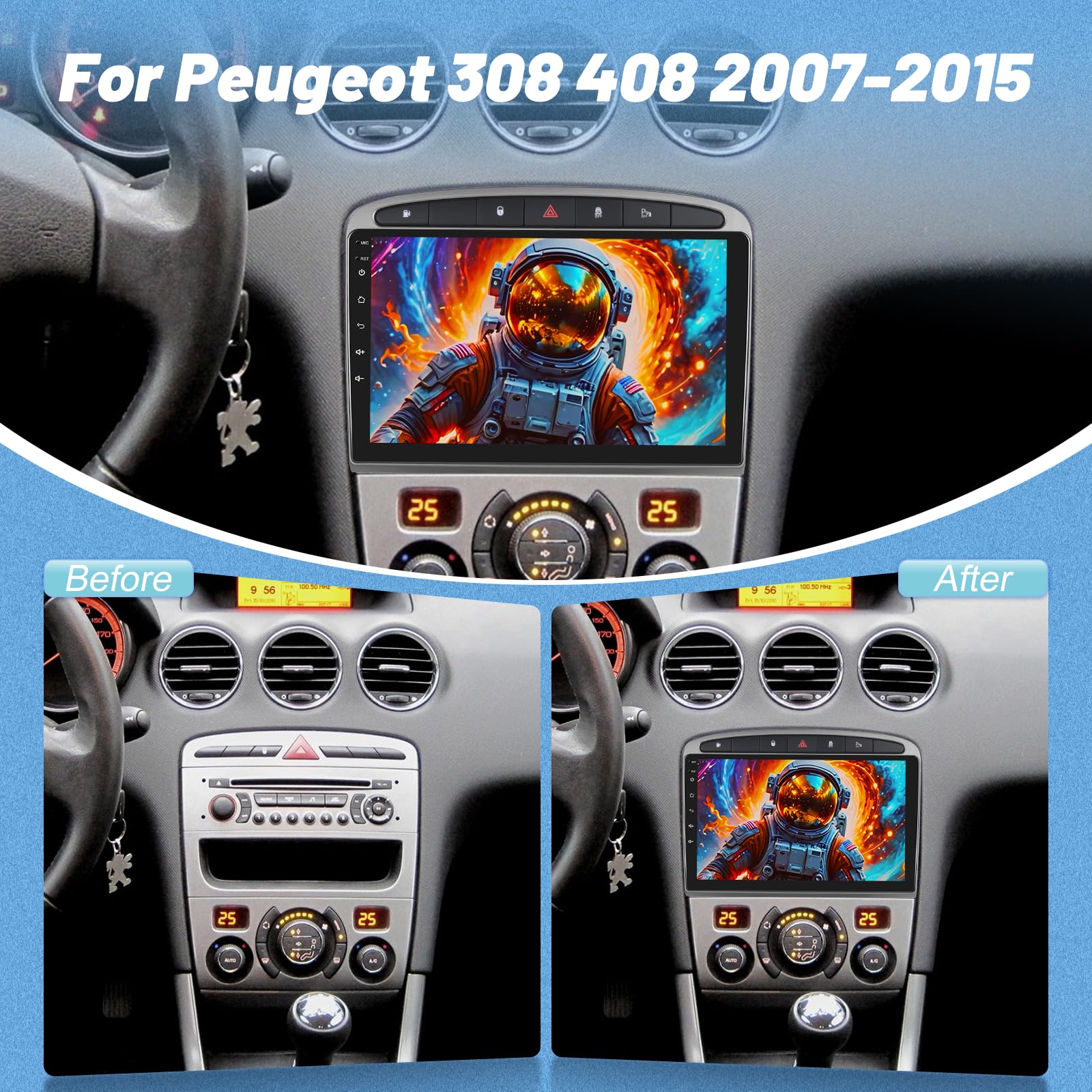 Autoradio pour Peugeot 308 408 2007-2015, [2G+64G] Autoradio Android à Écran Tactile avec sans Fil Carplay et Android Auto/Bluetooth/WiFi/Bluetooth/EQ/FM RDS Radio