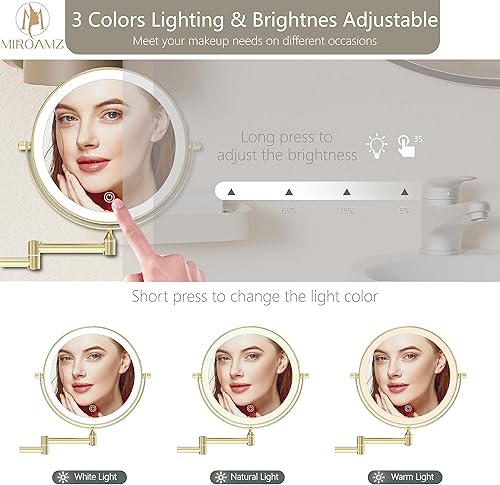Miniatura 4 de Espejo de tocador de maquillaje iluminado recargable montado en la pared de 8 pulgadas, doble cara 1X 10X, espejo de baño con aumento de 3 colores,