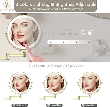 Rechargeable Wall Mounted Lighted Makeup Vanity Mirror 8 Inch Double Sided 1X 10X Magnifying Bathroom Mirror, 3 Color Lighting, Touch Screen Dimming, 360 Rotation Shaving Mirror Gold