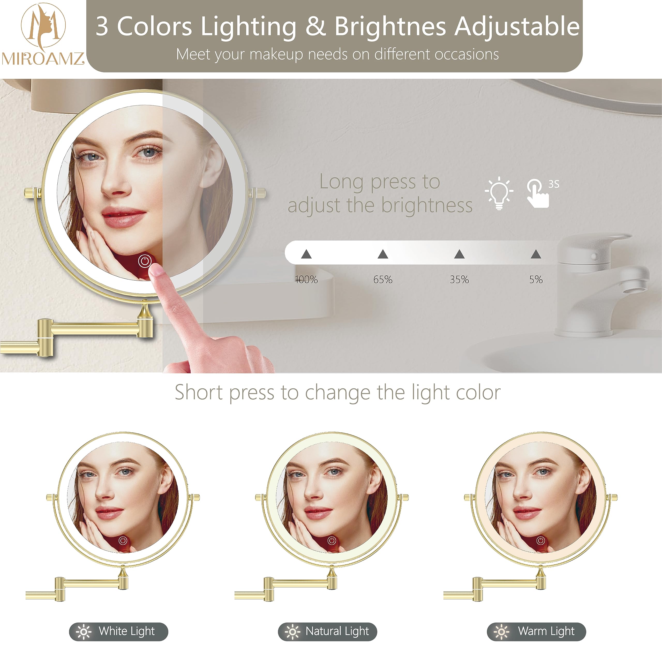 Wandmontierter beleuchteter Make-up-Spiegel, Nickel, 20,3 cm, doppelseitiger LED-Schminkspiegel, 1X/10-fache Vergrößerung, 3 Farblichter, Touchscreen, dimmbar, 360° schwenkbar, 33 cm
