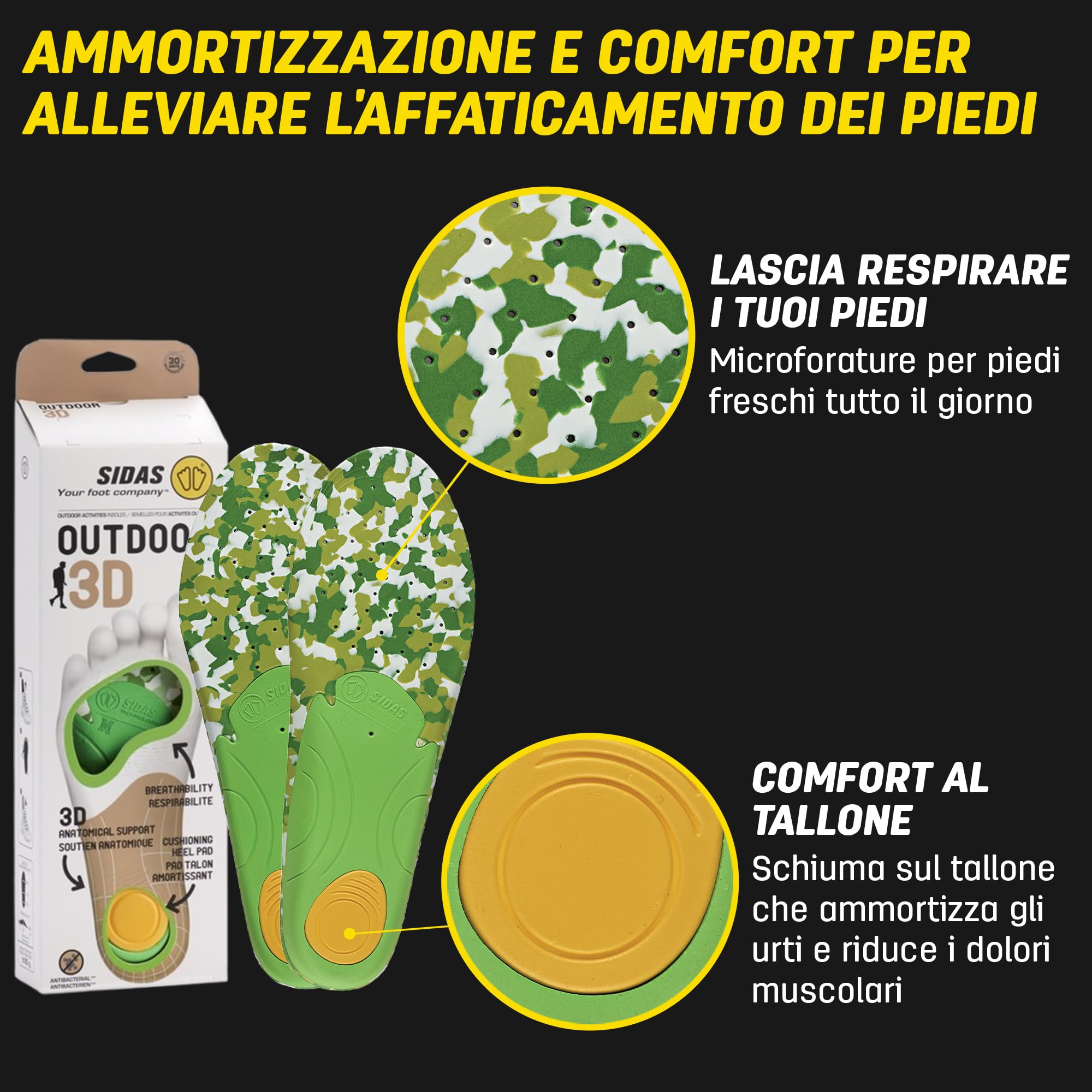 Sidas 3D Outdoor, Solette per escursionismo e camminata, Riduzione dell'affaticamento muscolare e dei dolori ai piedi, Comfort a lunga durata e traspirabilità ottimale, Per uomo e donna