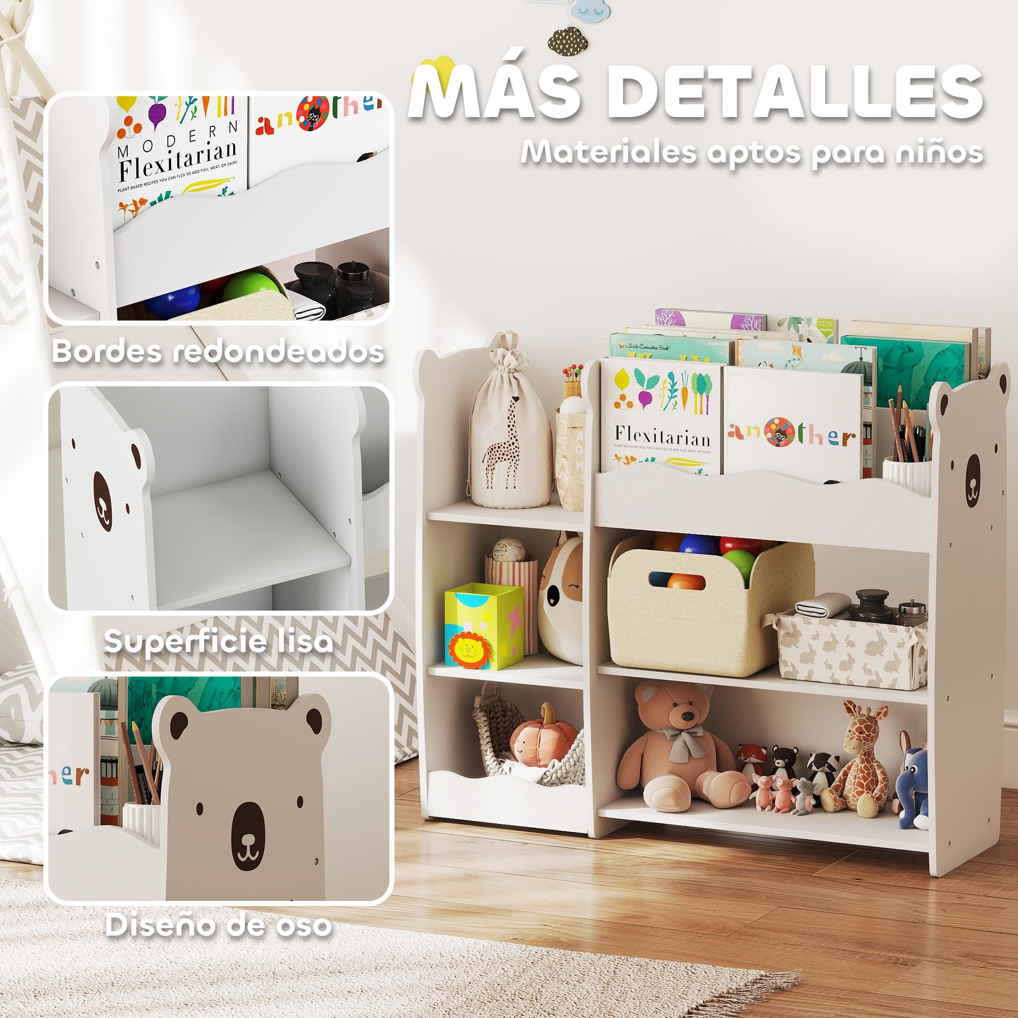 AIYAPLAY Scaffale per giocattoli per bambini con ripiani aperti, scomparti, design con orsacchiotti, organizer per giocattoli per camera da letto, sala giochi, asilo nido, bianco