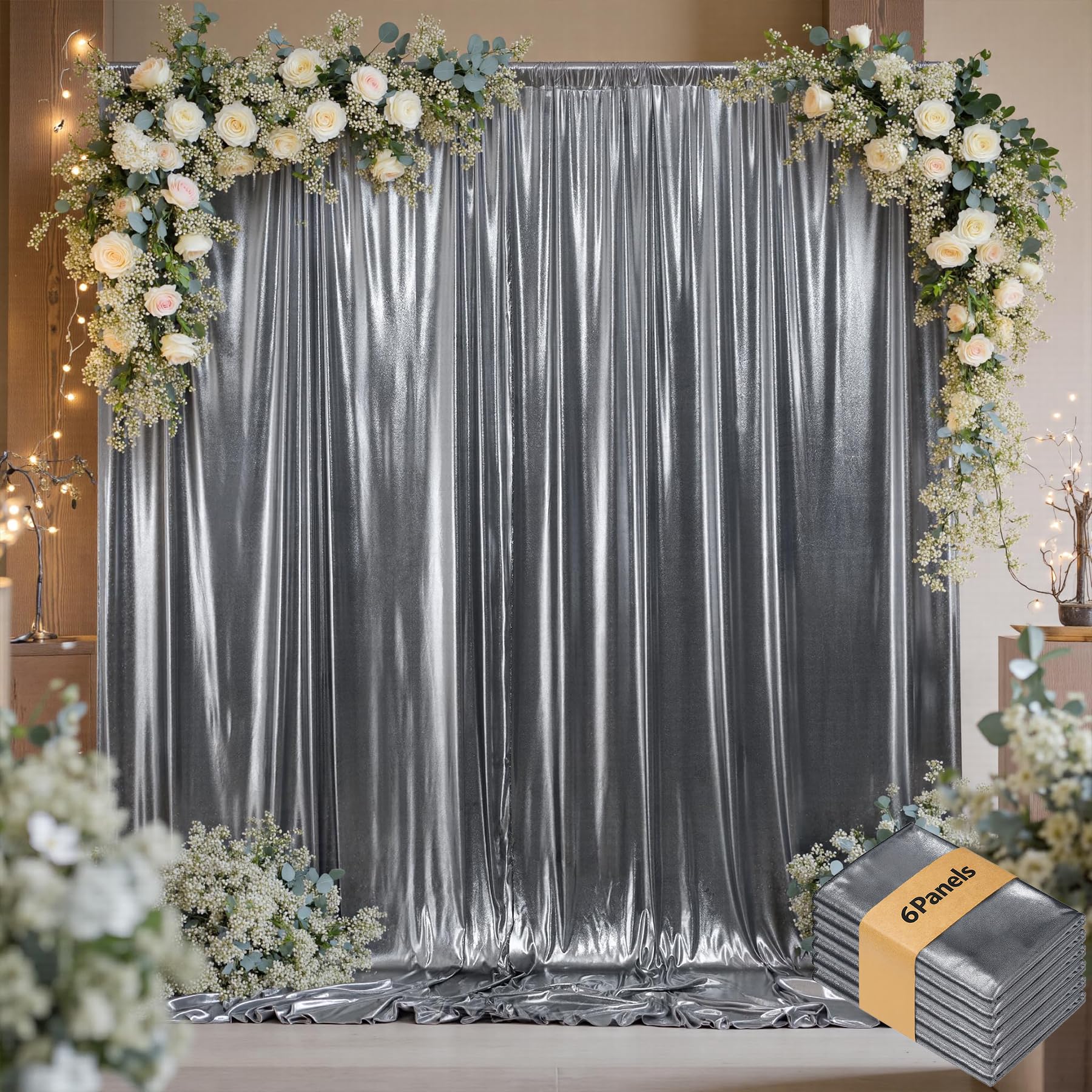 30ftx10ft Black Silver Glitter Sequin Backdrop Curtain for Parties, Wrinkle Free Sparking Backdrop Drapes, 6 Panels 5x10ft Shimmer Photo Back Drop