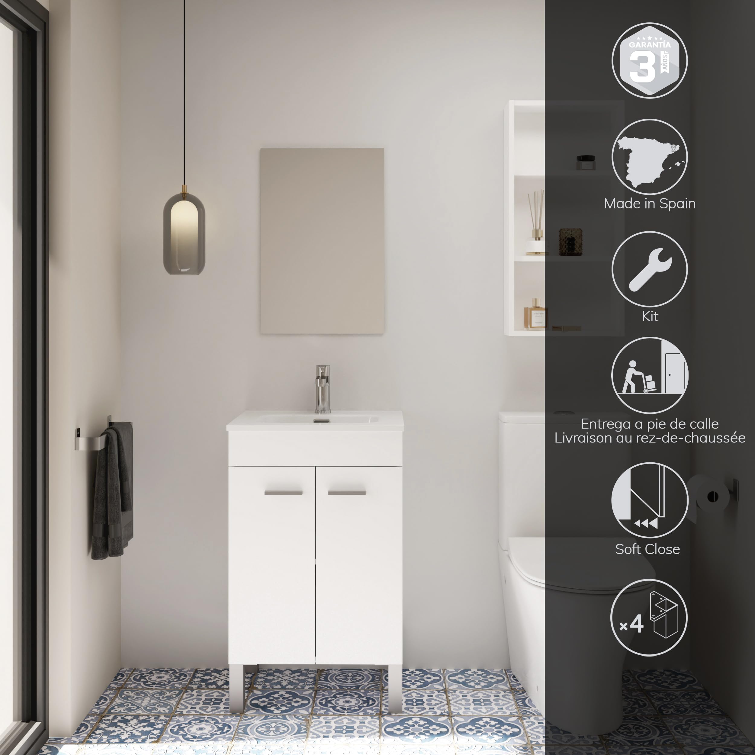 Baikal Mueble de Baño. 2 Puertas. Armario con Patas. Incluye Lavabo Cerámico y Espejo Liso. Mueble Auxiliar. Gabinete de Baño. Armario Auxiliar. Se Entrega en Kit. 50cm Blanco.