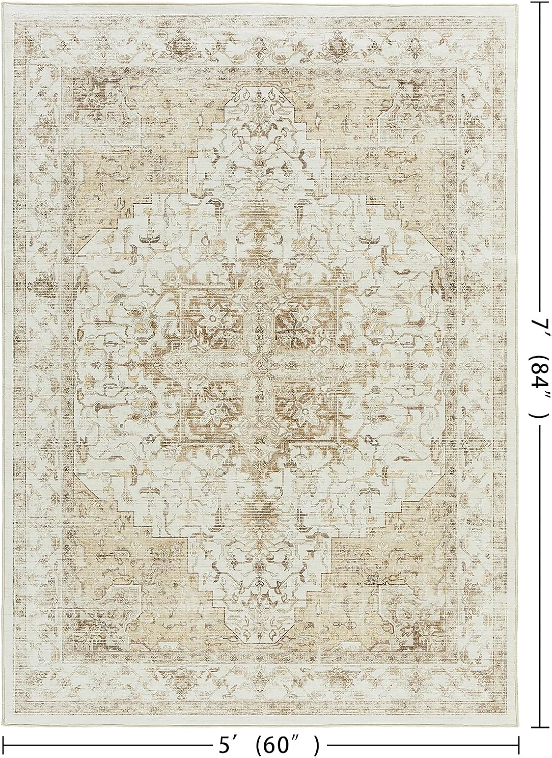 5x7 Area Rug, Vintage Distressed Medallion Pattern Beige Rug, Non-Slip Low-Pile Soft Carpet for Living Room, Bedroom, Kitchen, Home Office, Foldable & Machine Washable Rugs thumbnail