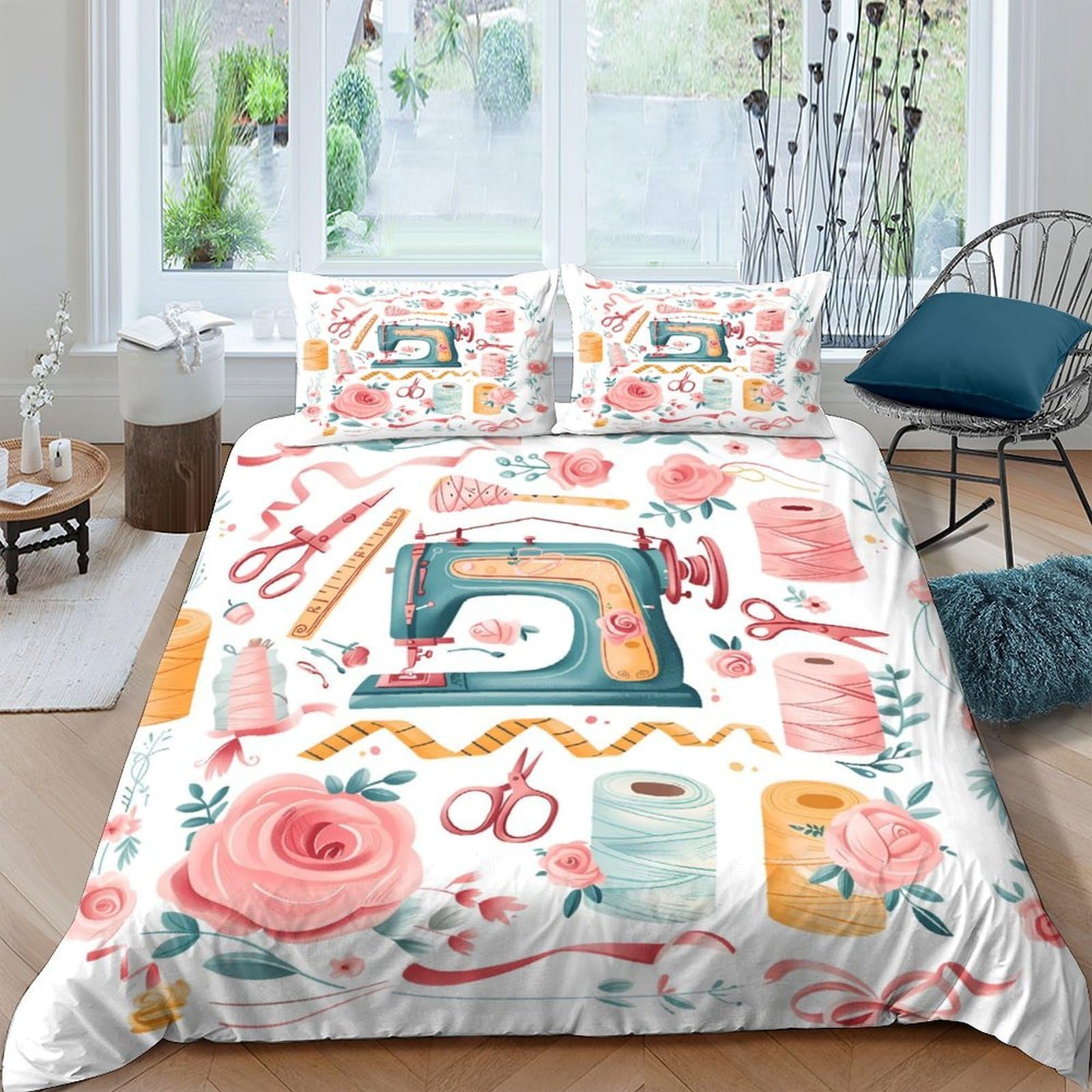 Ctjqhvkz Style-3 3D Printed Sewing Machine Fitted Sheet Microfiber Soft Floral Art Mattress Cover For Bedroom Dorm Decor Easy Care Single（135X200cm）