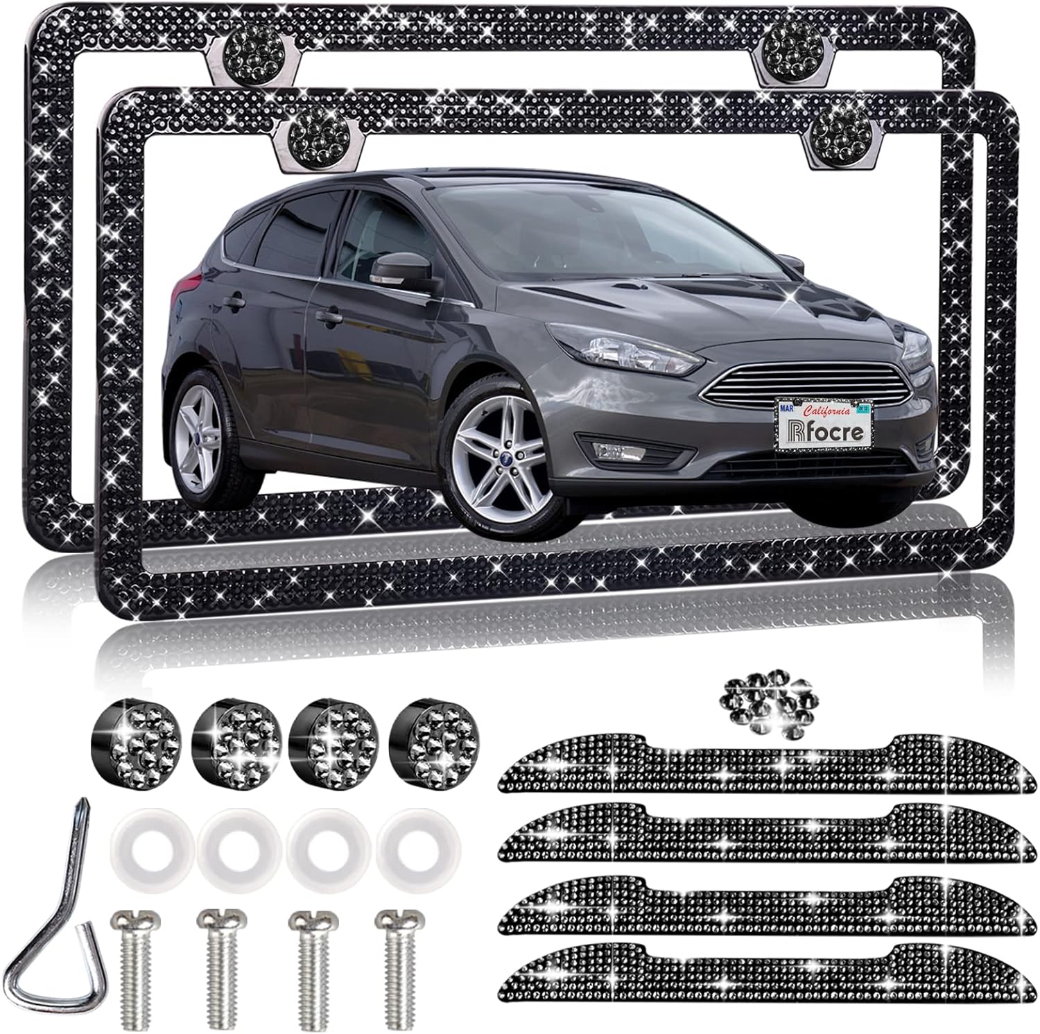 Rfocre Black Bling License Plate Frame for Women Sparkly