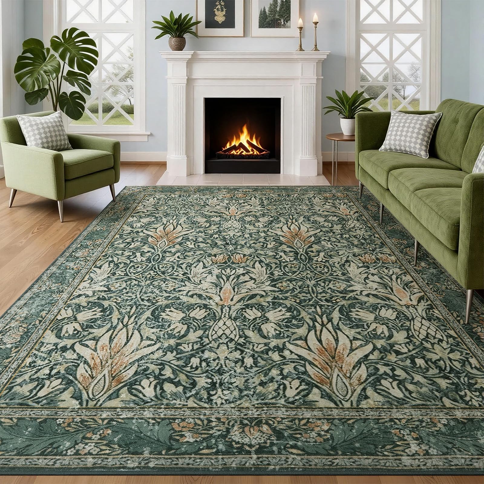 WEZVIX Vintage Floral 5x7 Area Rug,Soft Non-Slip Machine Washable Rug for Living Room Bedroom,Stain Resistant Carpets for Dining Room Farmhouse Nursery Home Office